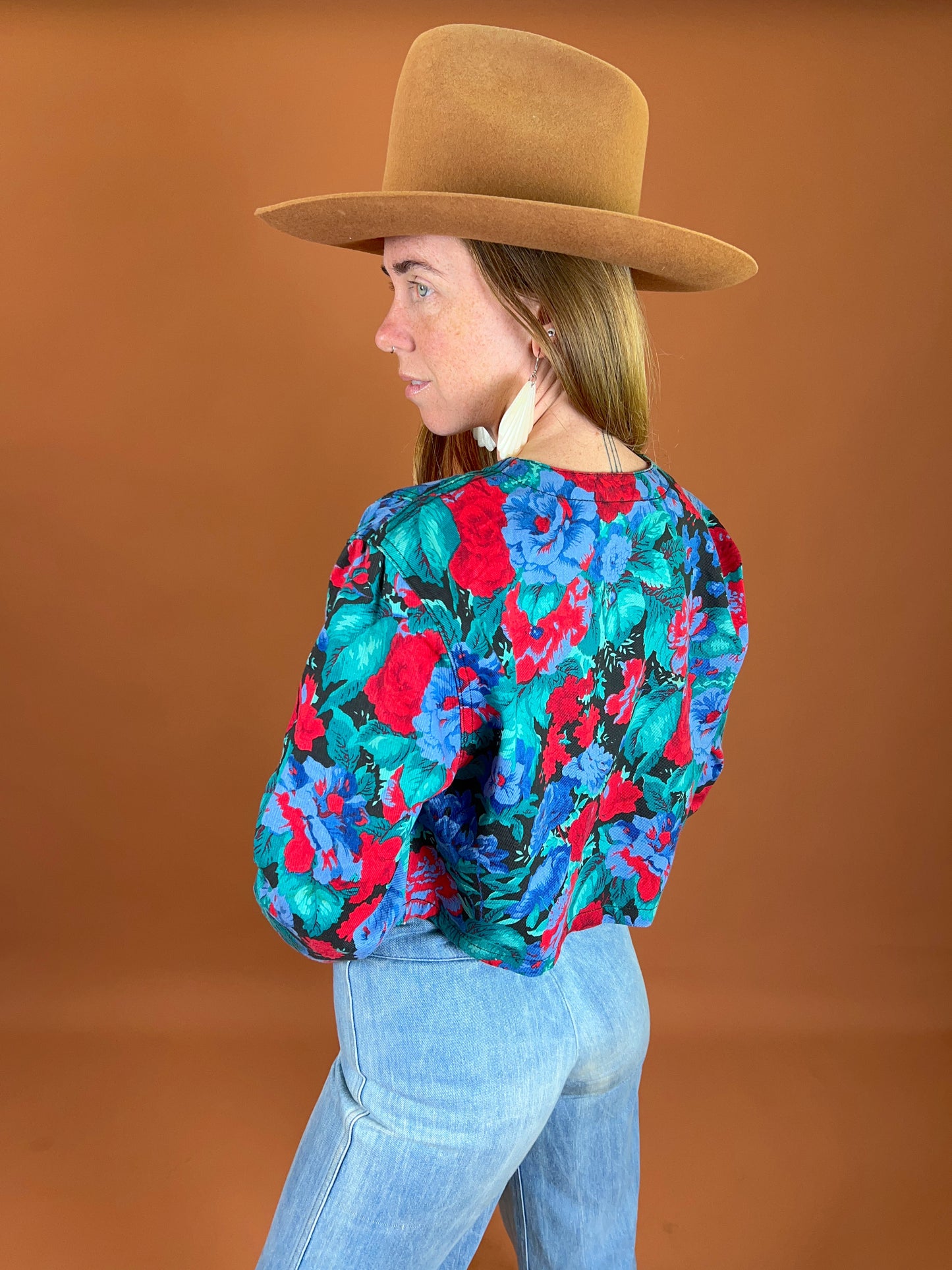VINTAGE 70's Floral Crop Denim Jacket 12