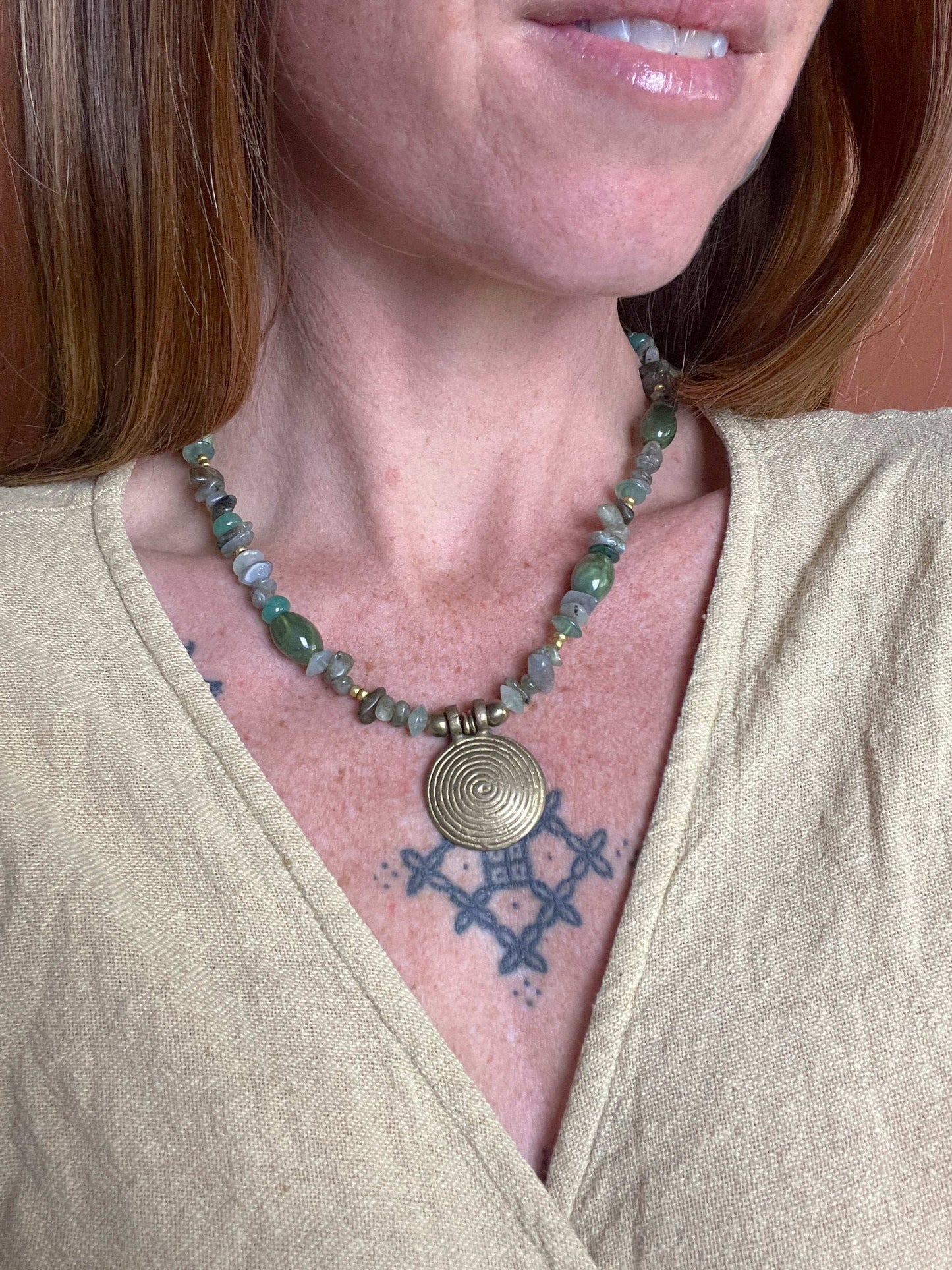BEADED SUNRAYS Spiral Charm, Labradorite & Mixed Beads Necklace 18 Inch