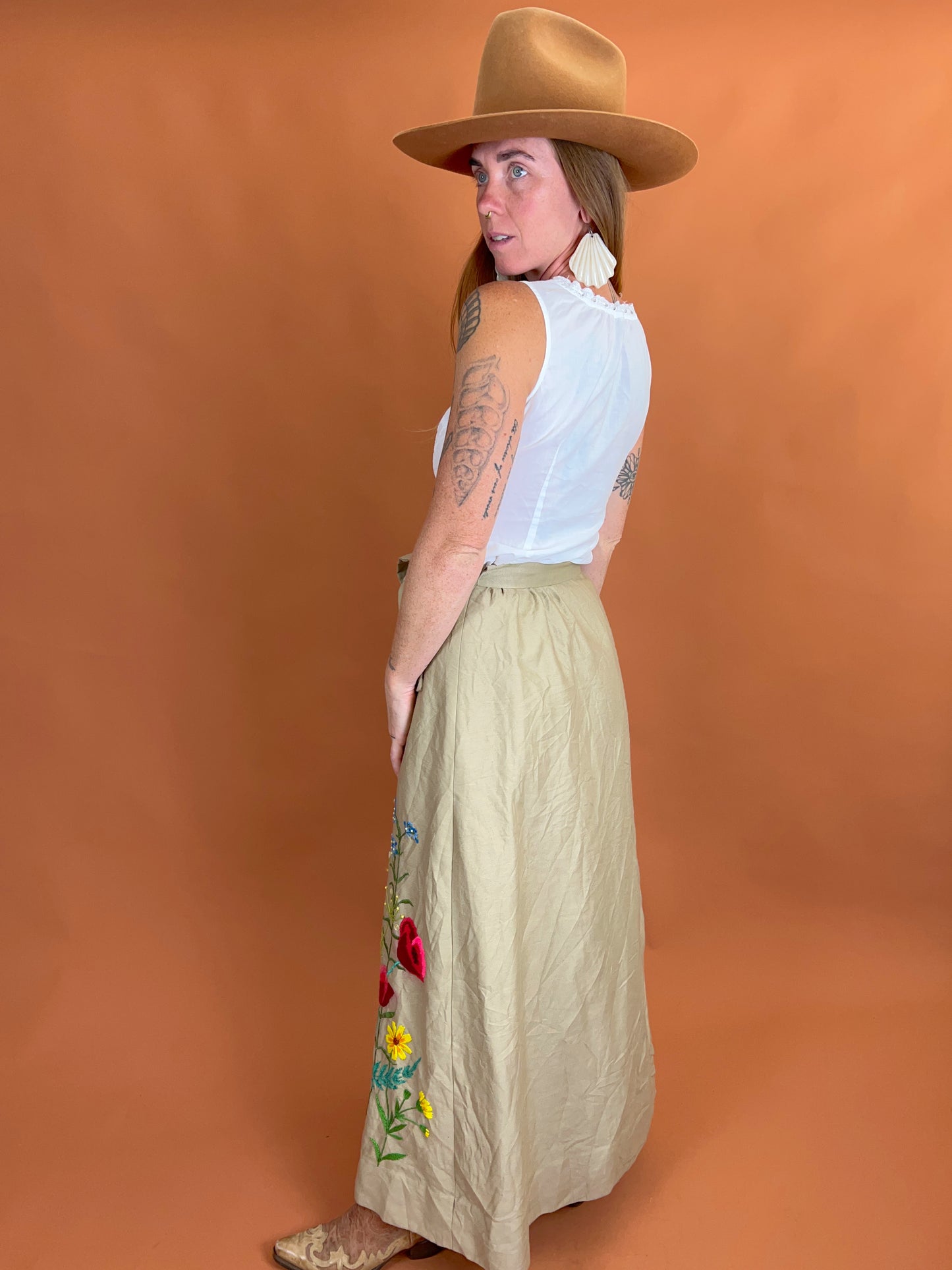 Vintage 70's Linen Embroidered Wrap Skirt 10
