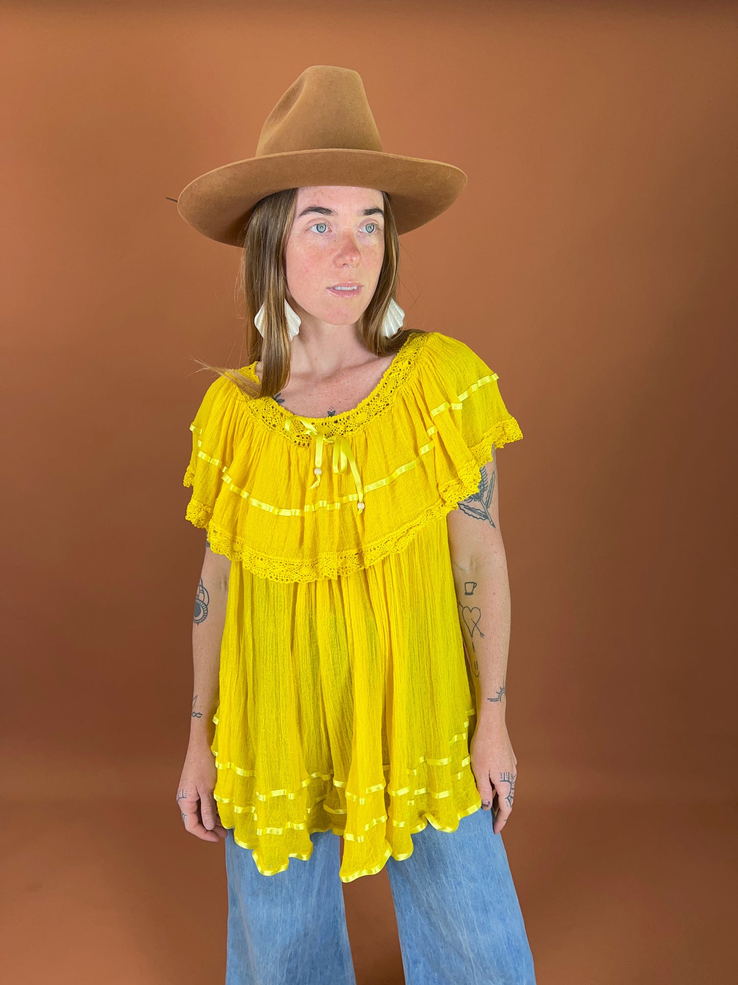 VINTAGE 60's Yellow Cotton Gauze Mexican Blouse OS