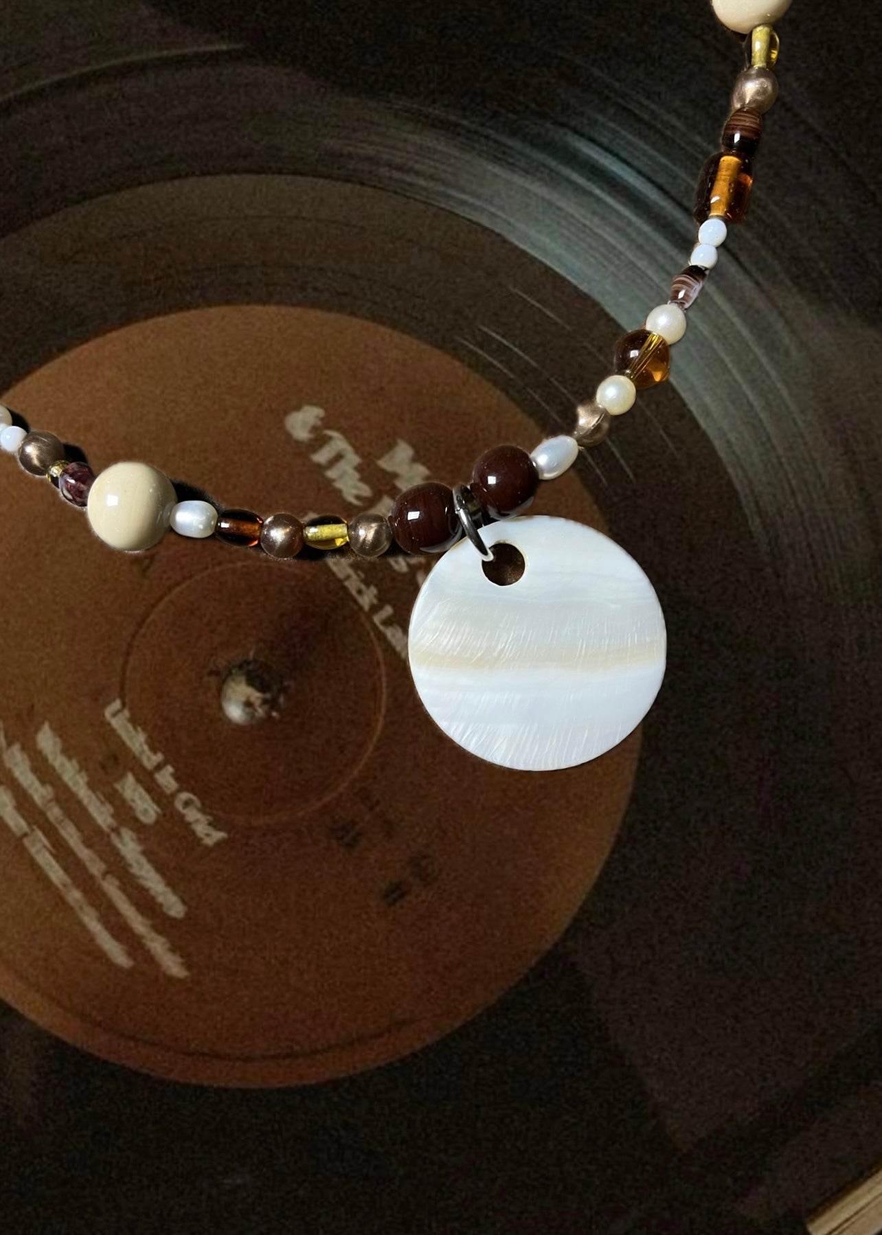 BEADED SUNRAYS Shell Pendant, Fresh Water Pearls, Amber Stone Necklace 19 Inch
