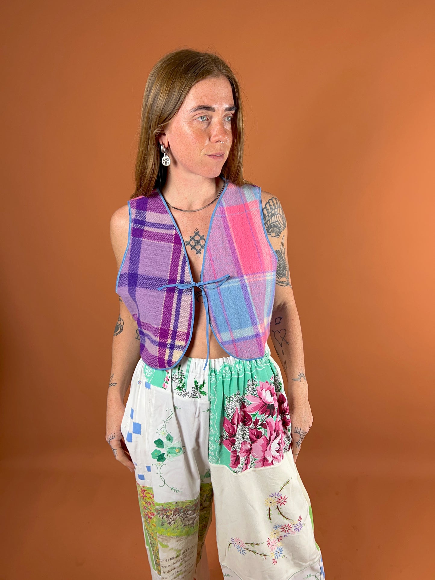 SECOND LOVE SLOW FASHION Upcycled Reversible Wool Blanket & Floral Vintage Fabric Vest 12-14
