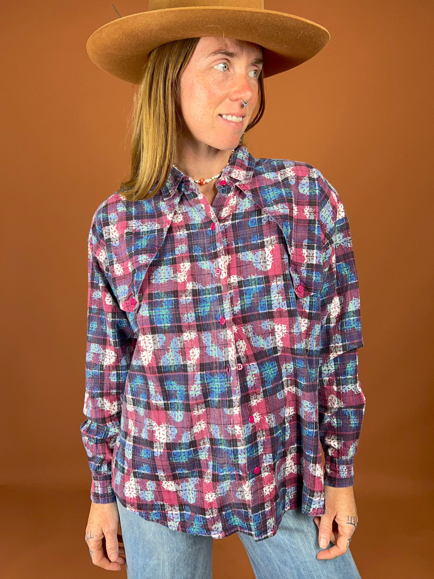 VTG 70's/80's Western Style Cotton Plaid Print Shirt 12-14
