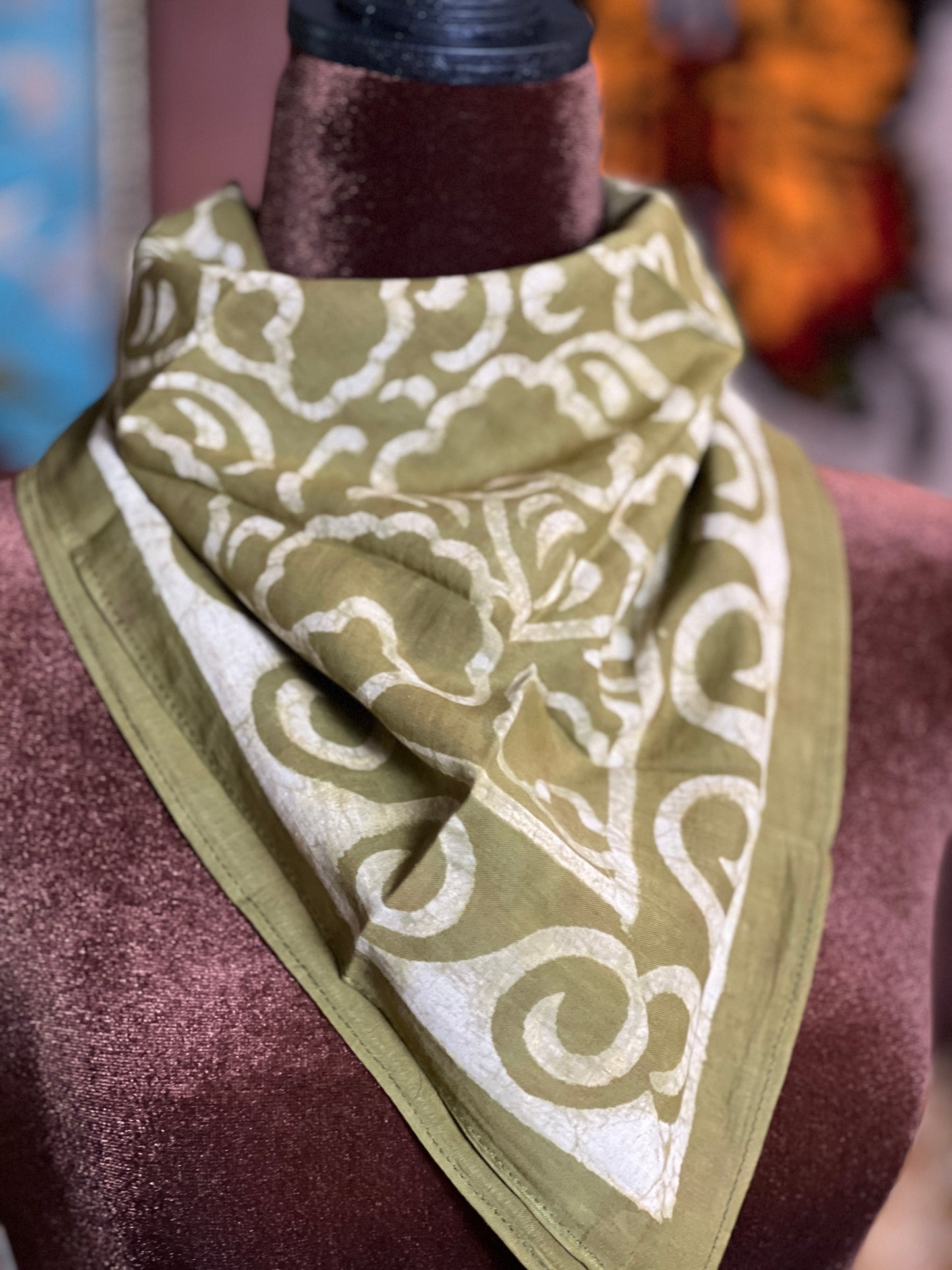ANJU JEWELLERY Block Printed Bandana - Olive Green Floral and Waves