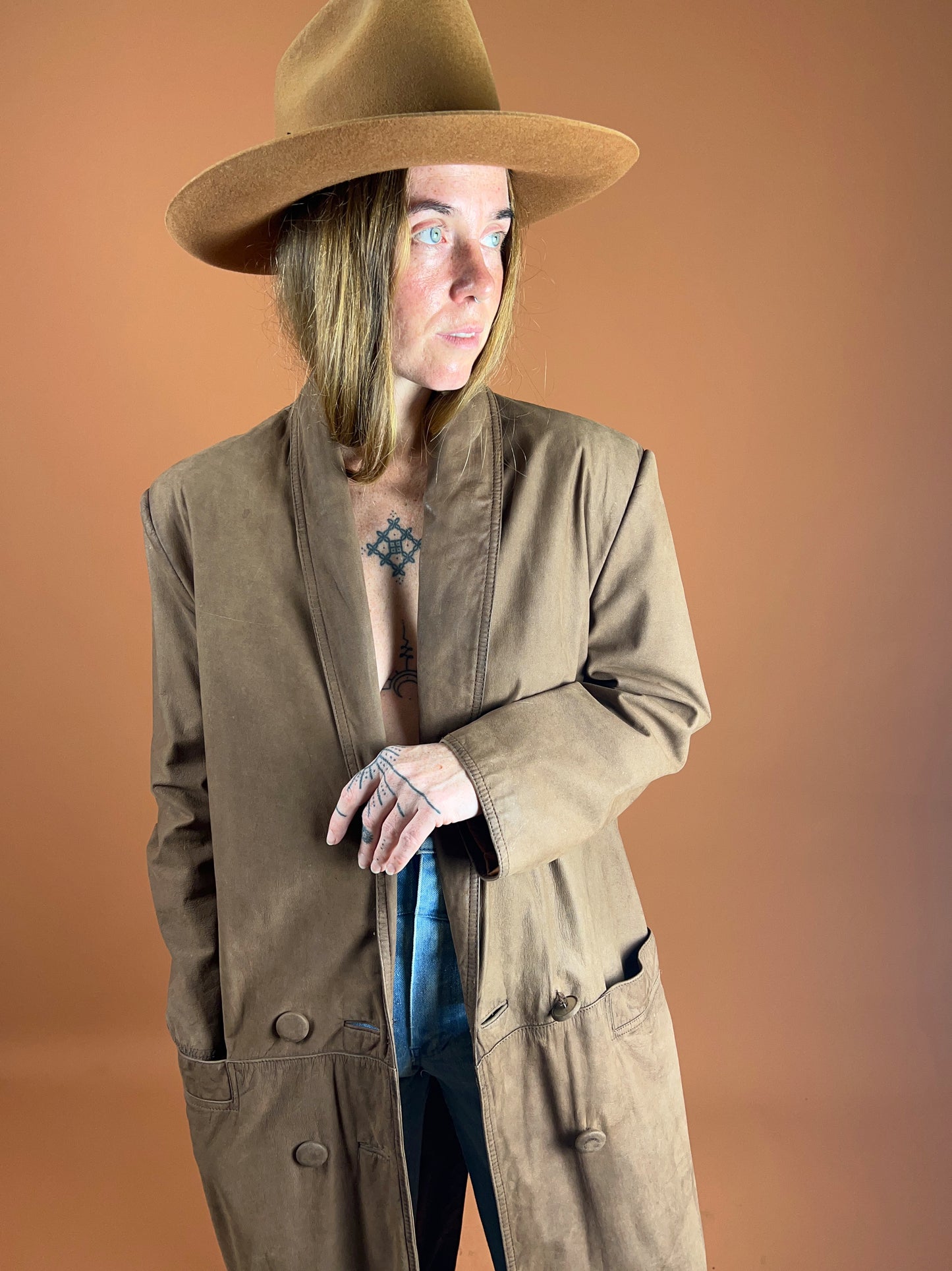 VINTAGE 70's/80's Suede Double Breasted Trench Coat 12-14