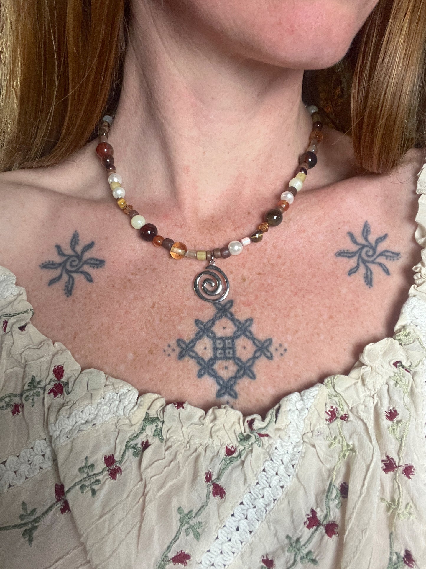 BEADED SUNRAYS Freshwater Pearl, Wood & Glass Bead, Spiral Necklace 17.5”