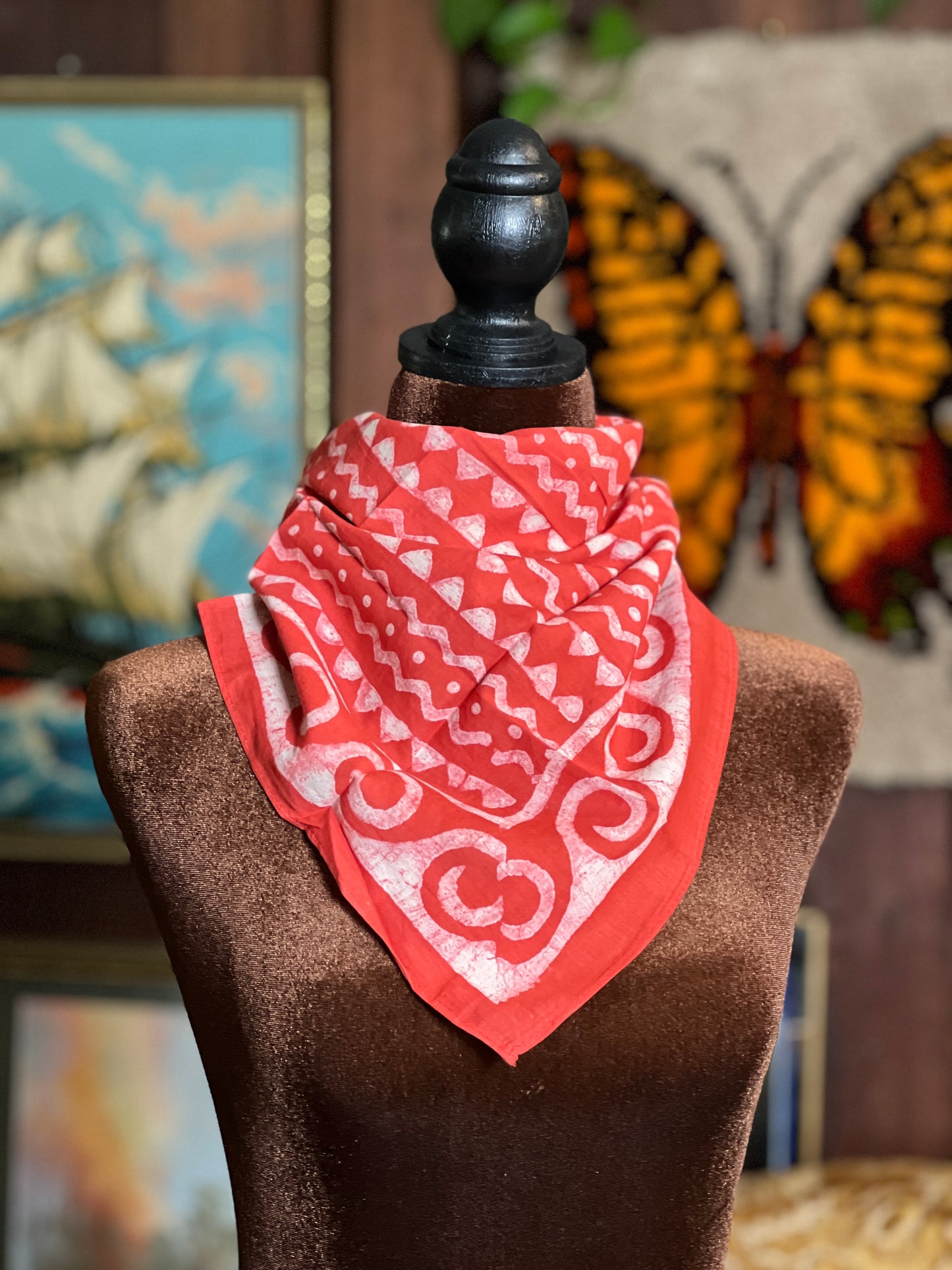 ANJU JEWELLERY Block Printed Bandana - Rust Orange Zigzag Lines and Waves
