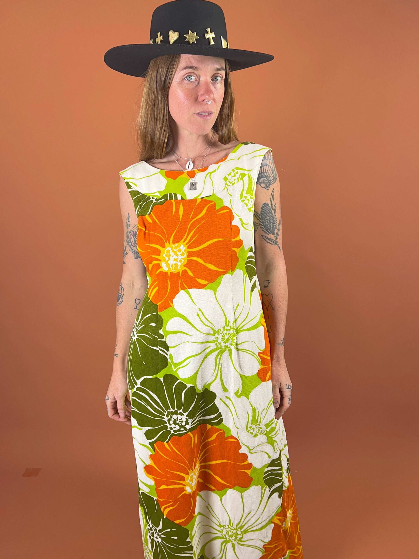 VTG 60’s Cotton Floral Back Pleat Maxi 10-12