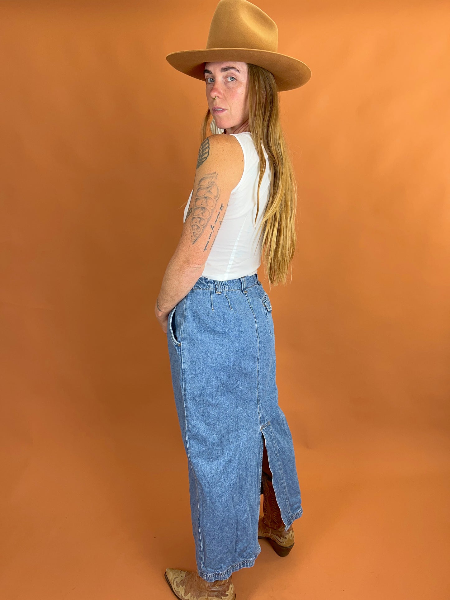 VINTAGE 80's Denim Maxi Skirt 10
