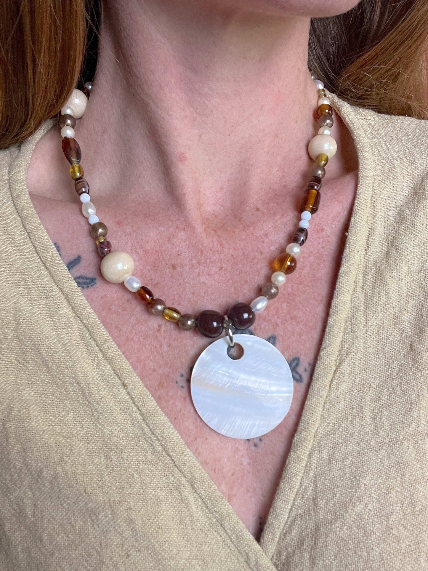 BEADED SUNRAYS Shell Pendant, Fresh Water Pearls, Amber Stone Necklace 19 Inch