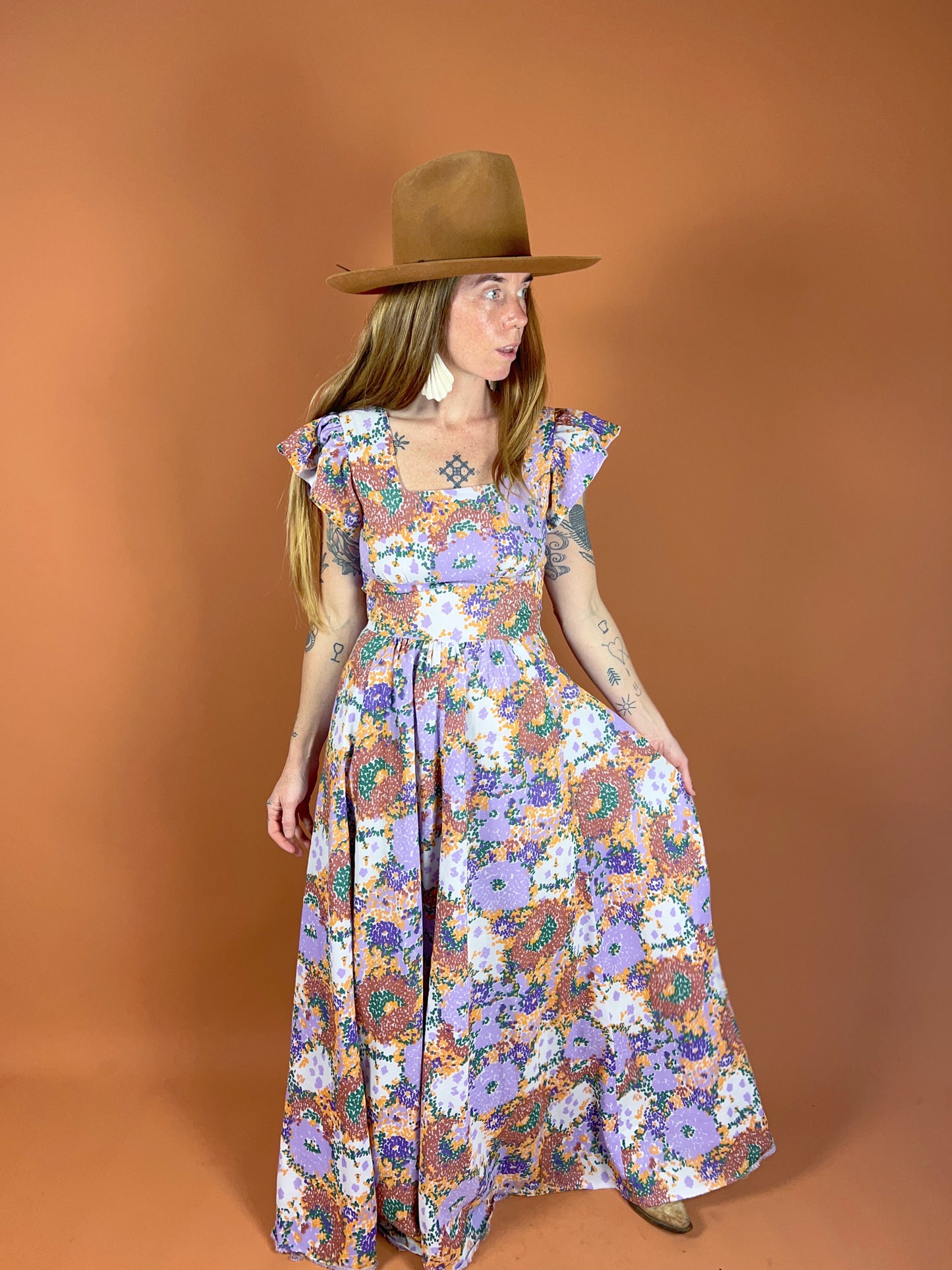 VINTAGE 60's Cotton Floral Prairie Maxi Dress 10