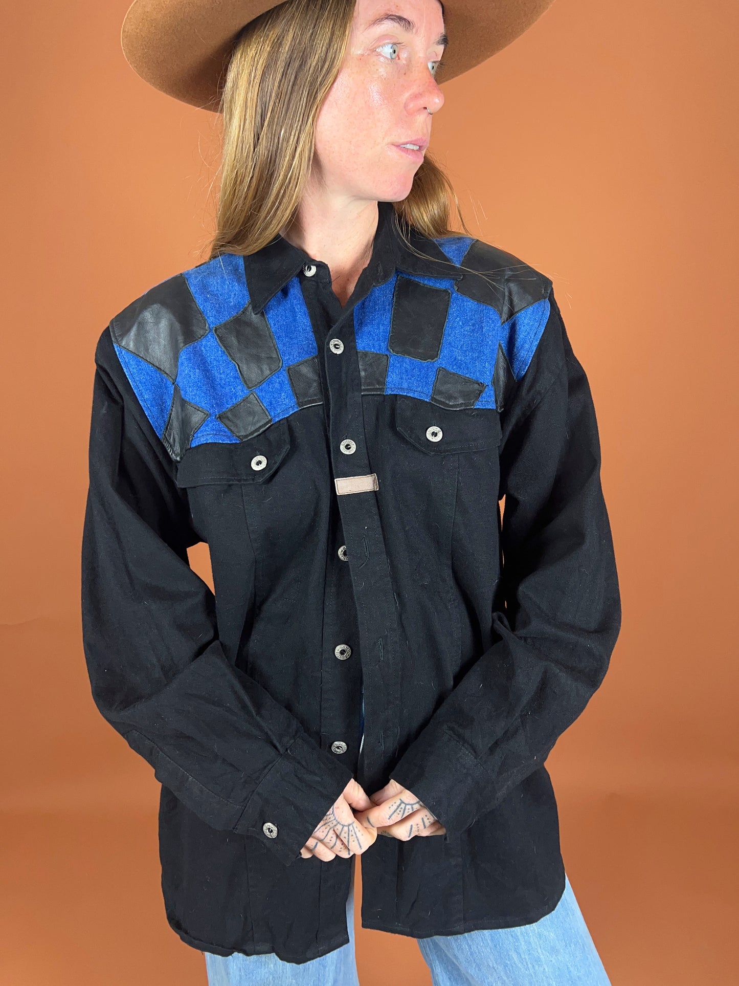 VINTAGE 80's Denim Patchwork Shirt 16