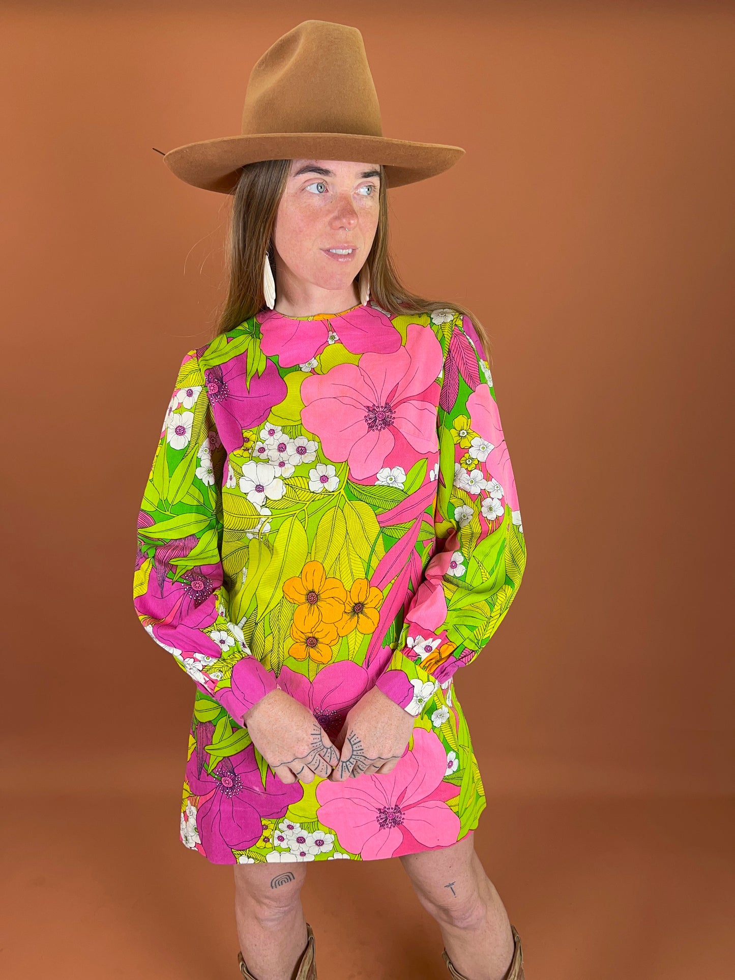 VINTAGE 60's Floral Cotton Mini Go Go Dress 8-10