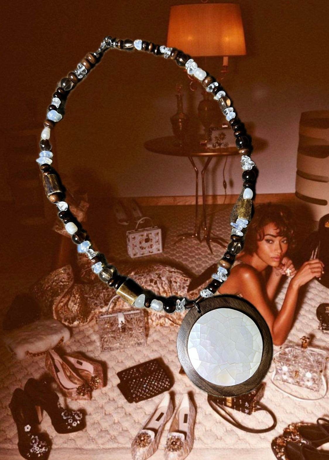 BEADED SUNRAYS Wooden Pearl Pendant, Opalite, Wood Bead, Fresh Water Pearl Necklace 17.5 Inch