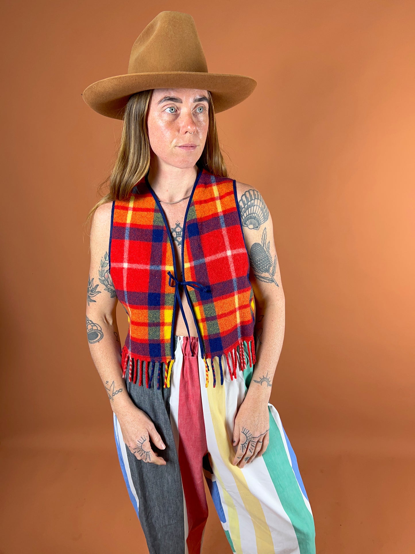 SECOND LOVE SLOW FASHION Vintage Reversible Wool Blanket & Teatowel Tie Front Vest 10-12