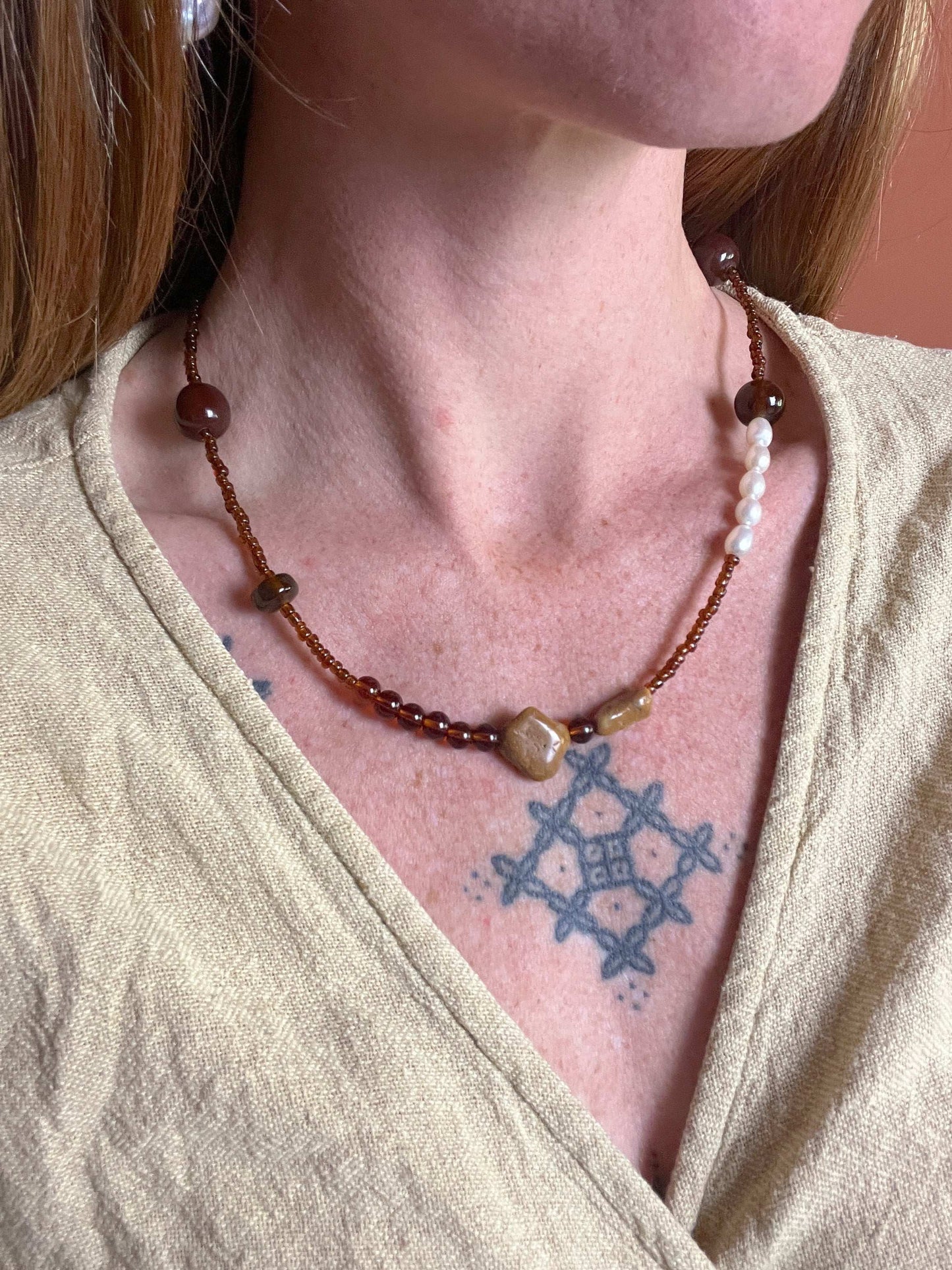 BEADED SUNRAYS Mix Bead, Amber Stone & Fresh Water Pearl Necklace 18.5 Inch