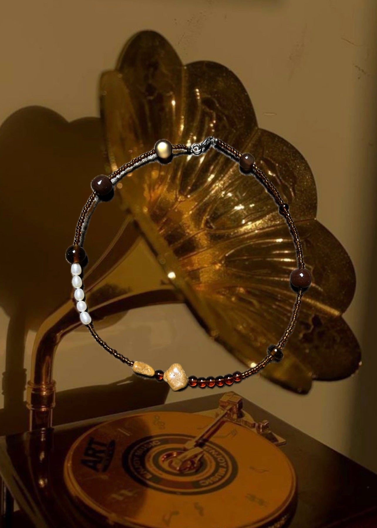 BEADED SUNRAYS Mix Bead, Amber Stone & Fresh Water Pearl Necklace 18.5 Inch
