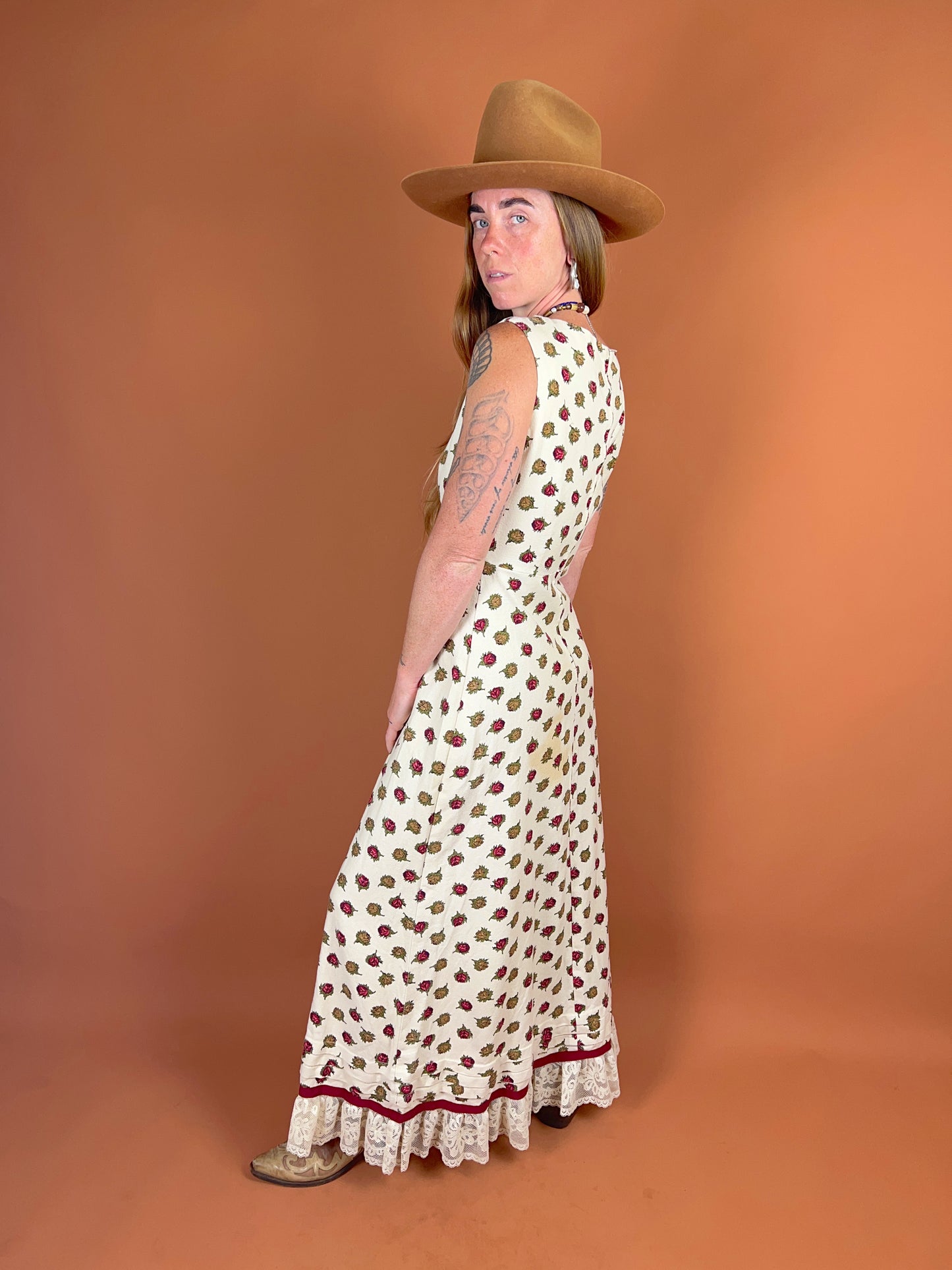 VINTAGE 60’s Handmade Cotton Linen Floral Maxi Dress 10