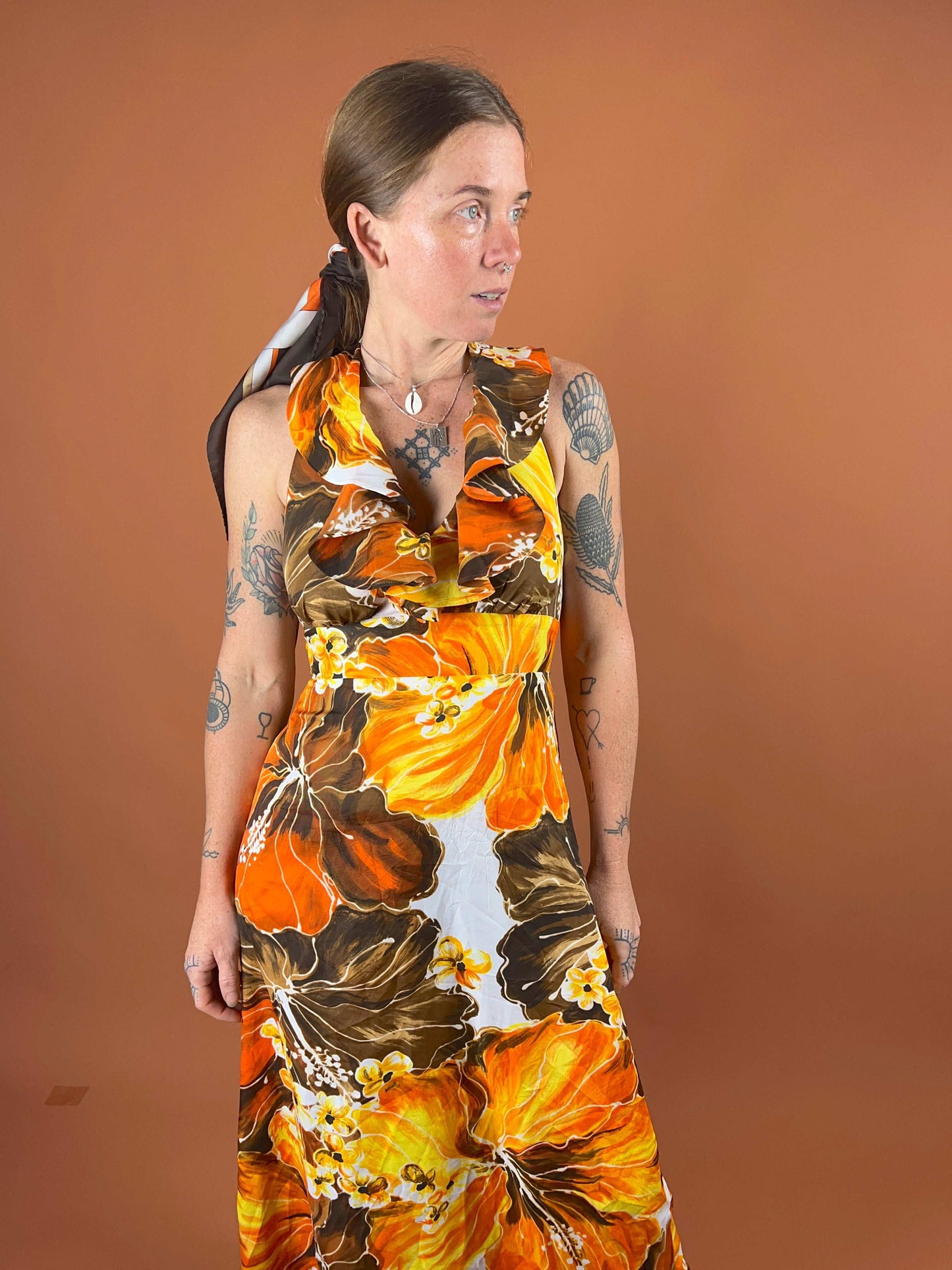 VTG 60's Halter Neck Floral Maxi Dress 10-12