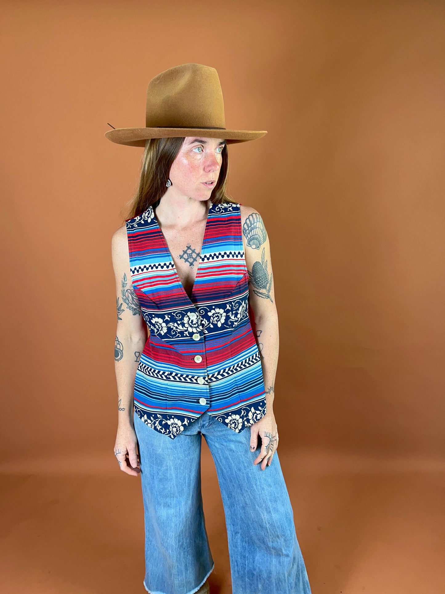 VINTAGE 70's Cotton Stripe & Floral Vest 8-10