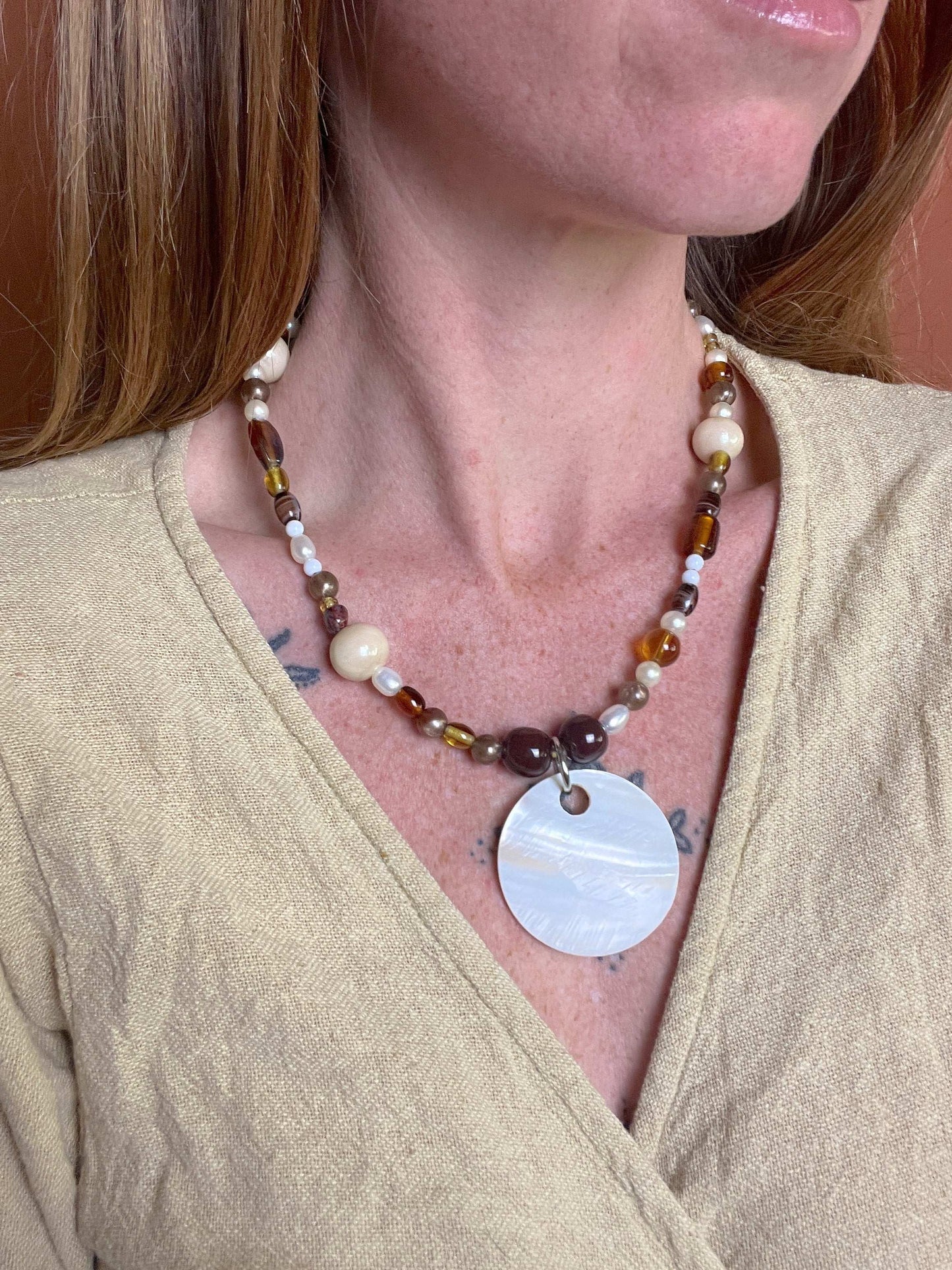 BEADED SUNRAYS Shell Pendant, Fresh Water Pearls, Amber Stone Necklace 19 Inch
