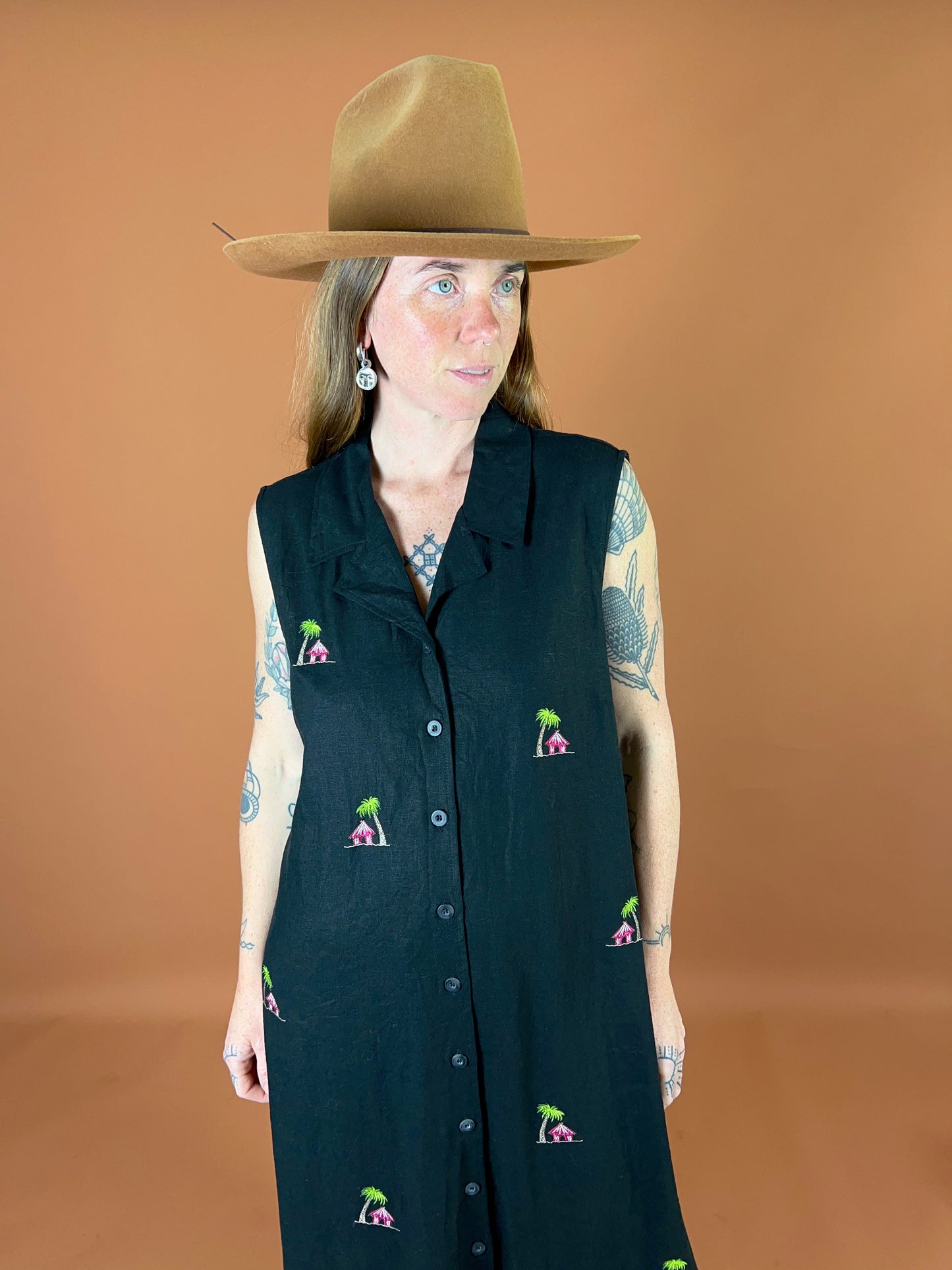 VINTAGE 90's Linen/Rayon Embroidered Button Down Maxi Dress 14