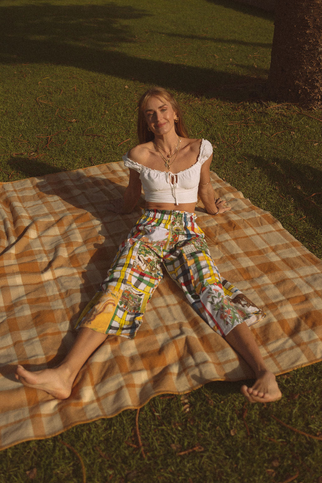 SECOND SHINE SLOW FASHION Vintage Check Tablecloth & Tea Towel Patchwork Pants 6-10