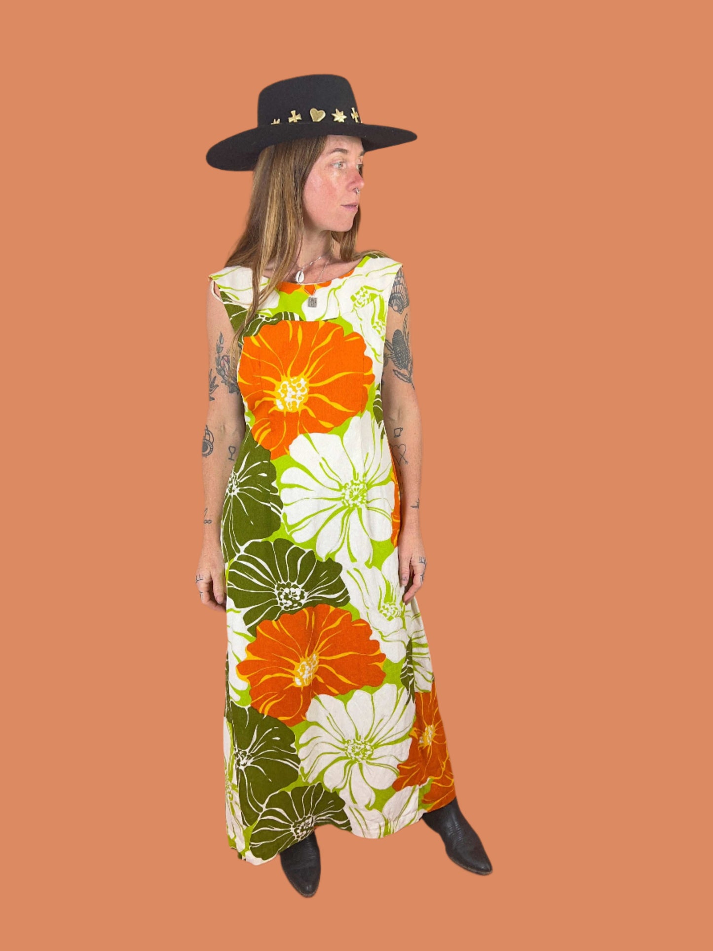 VTG 60’s Cotton Floral Back Pleat Maxi 10-12