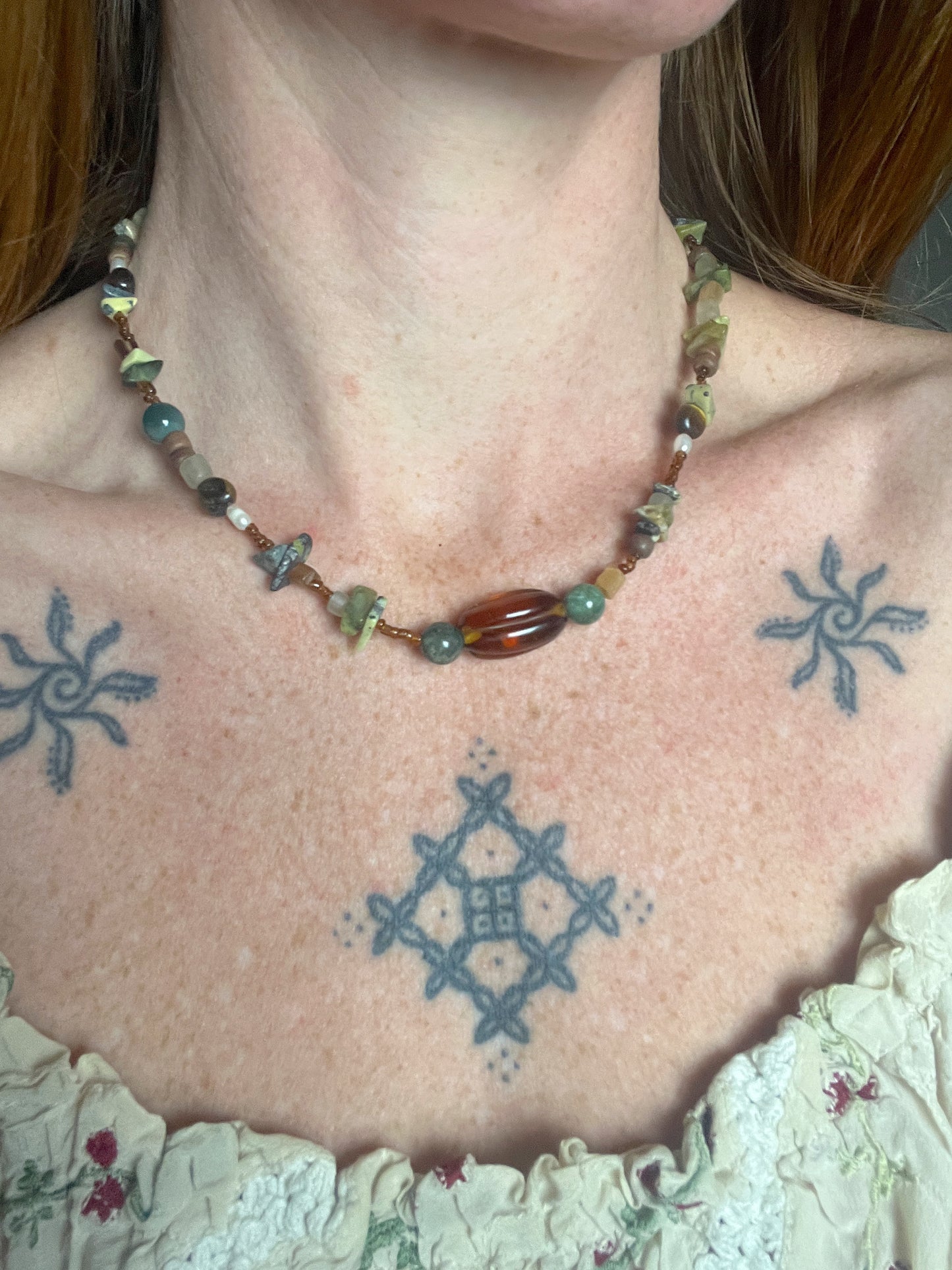 BEADED SUNRAYS Tigers Eye, Freshwater Pearl, Wood & Glass Bead Necklace 17.5”