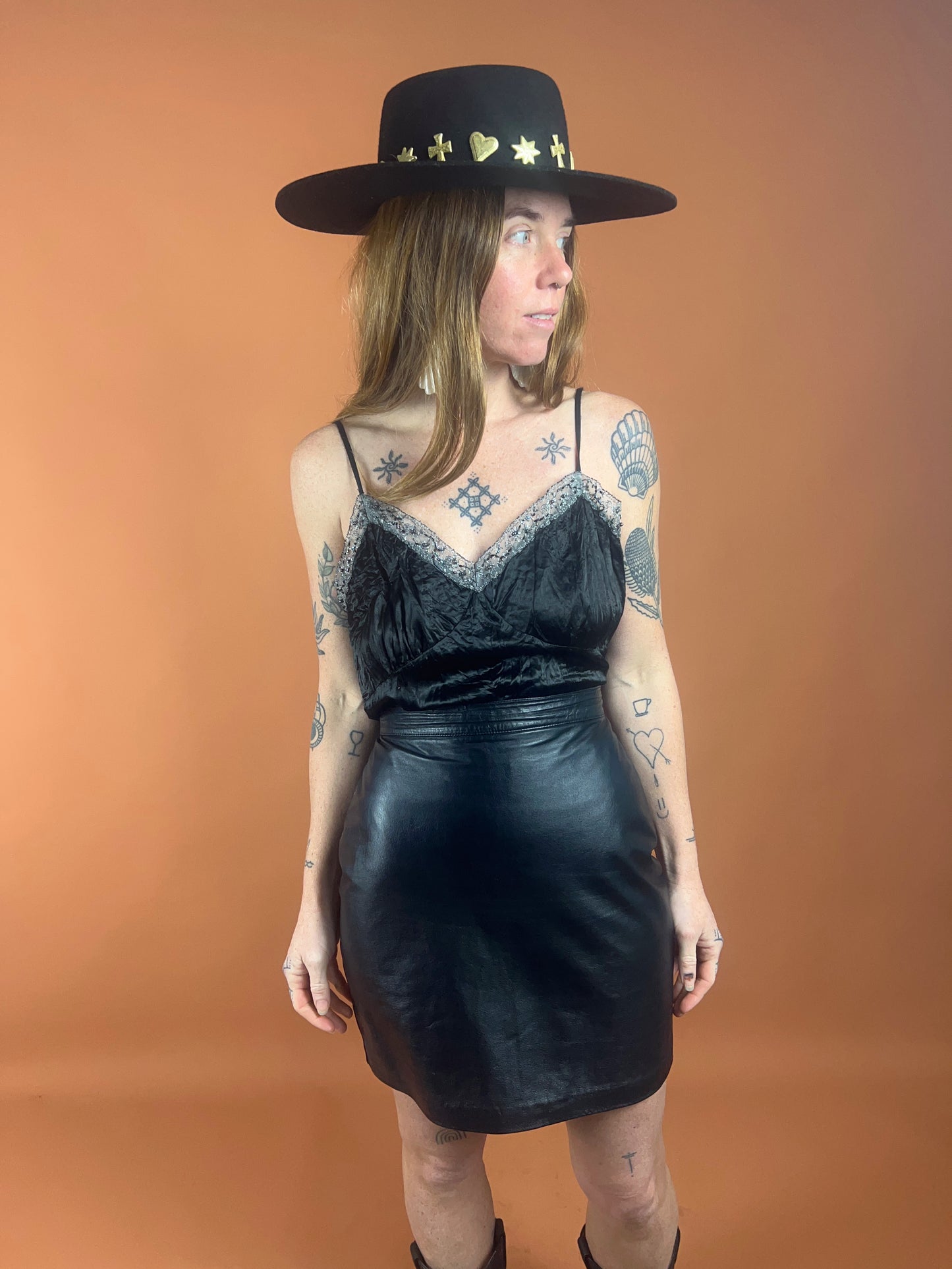 VTG 80's High Waist Black Leather Skirt 8-10