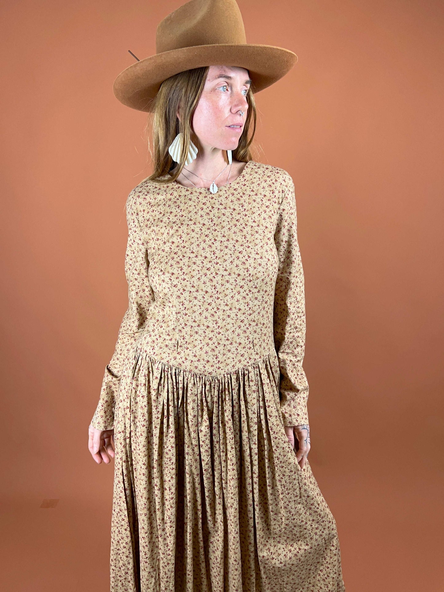 VTG 80's Floral Screen Printed Hand Made Cotton Floral Maxi Dress 14