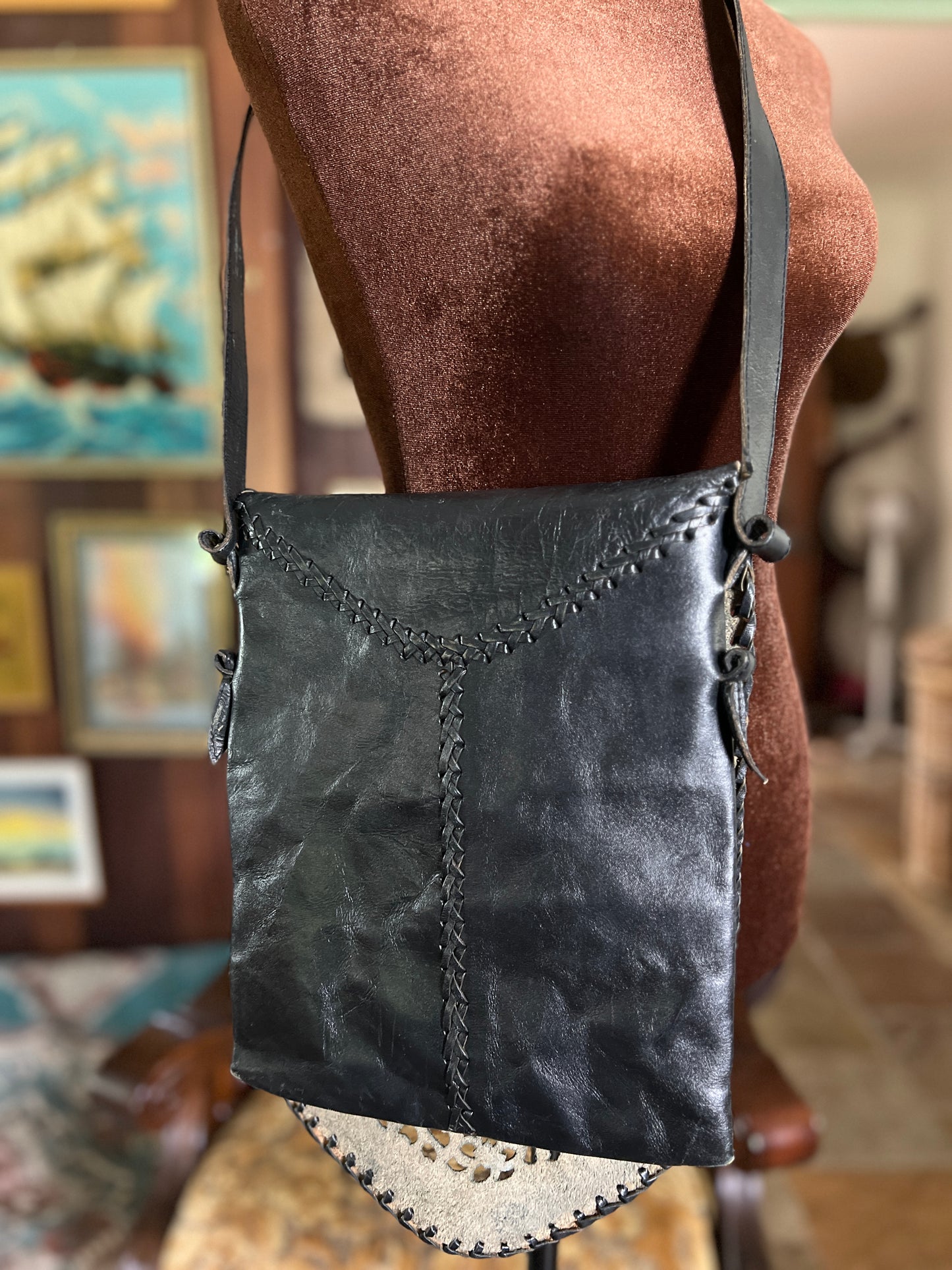 VINTAGE 90's Leather Cut Out Black Satchel Bag