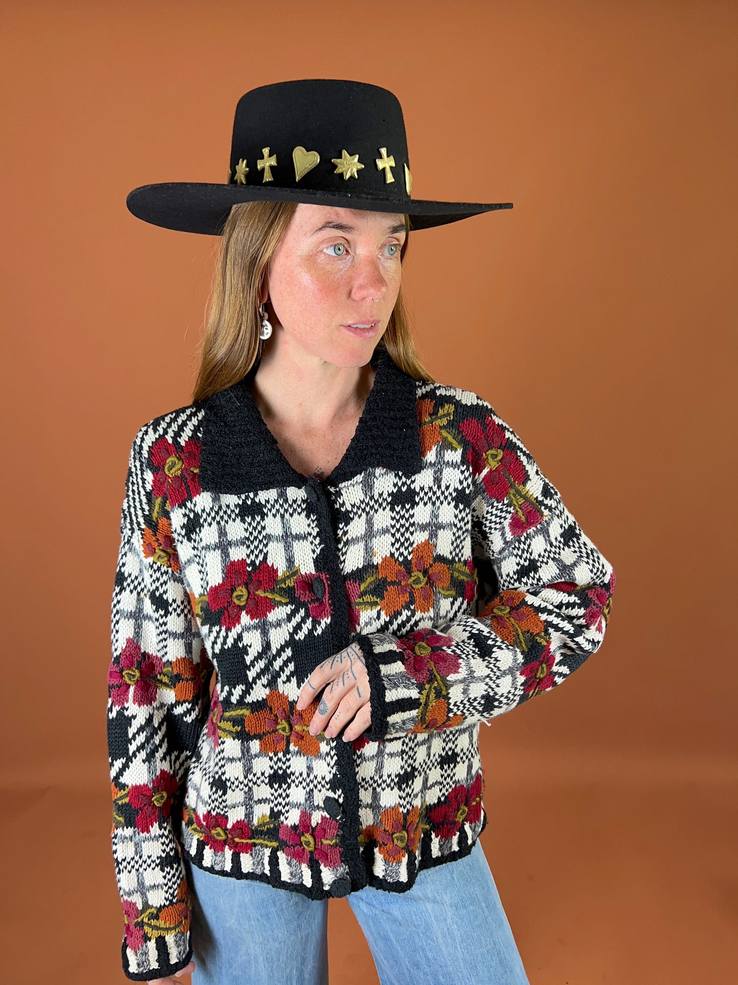 VINTAGE 80's Floral Knit Cardigan 12-14