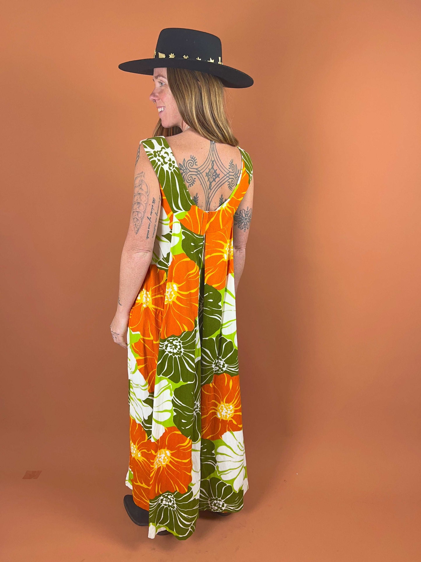 VTG 60’s Cotton Floral Back Pleat Maxi 10-12