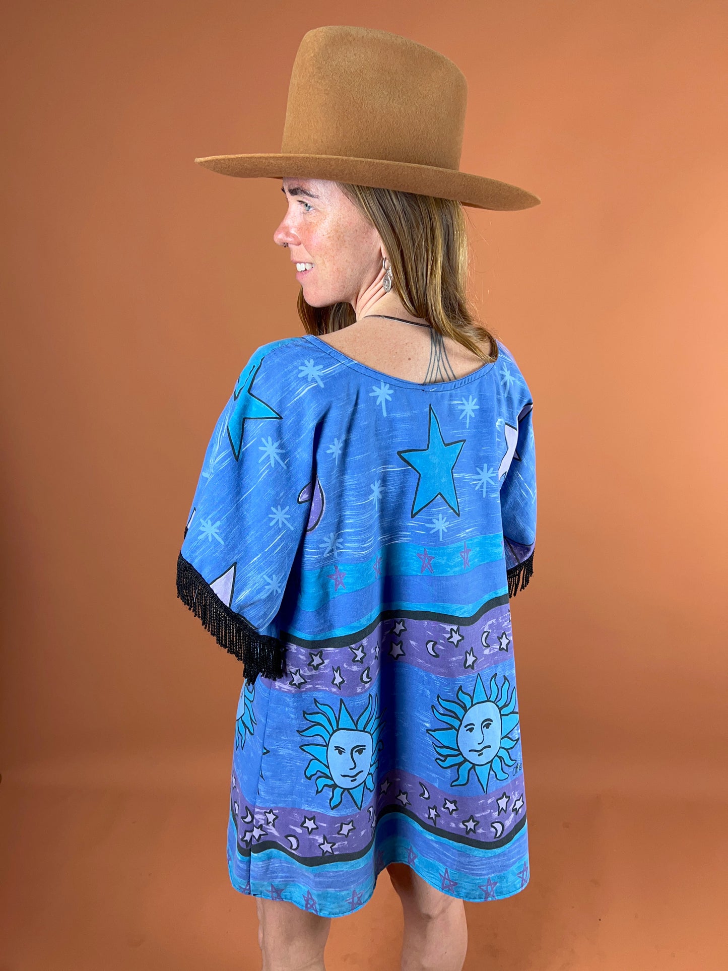 SECOND LOVE SLOW FASHION Upcycled Vintage Celestial Fringe Sleeve Mini Dress 14