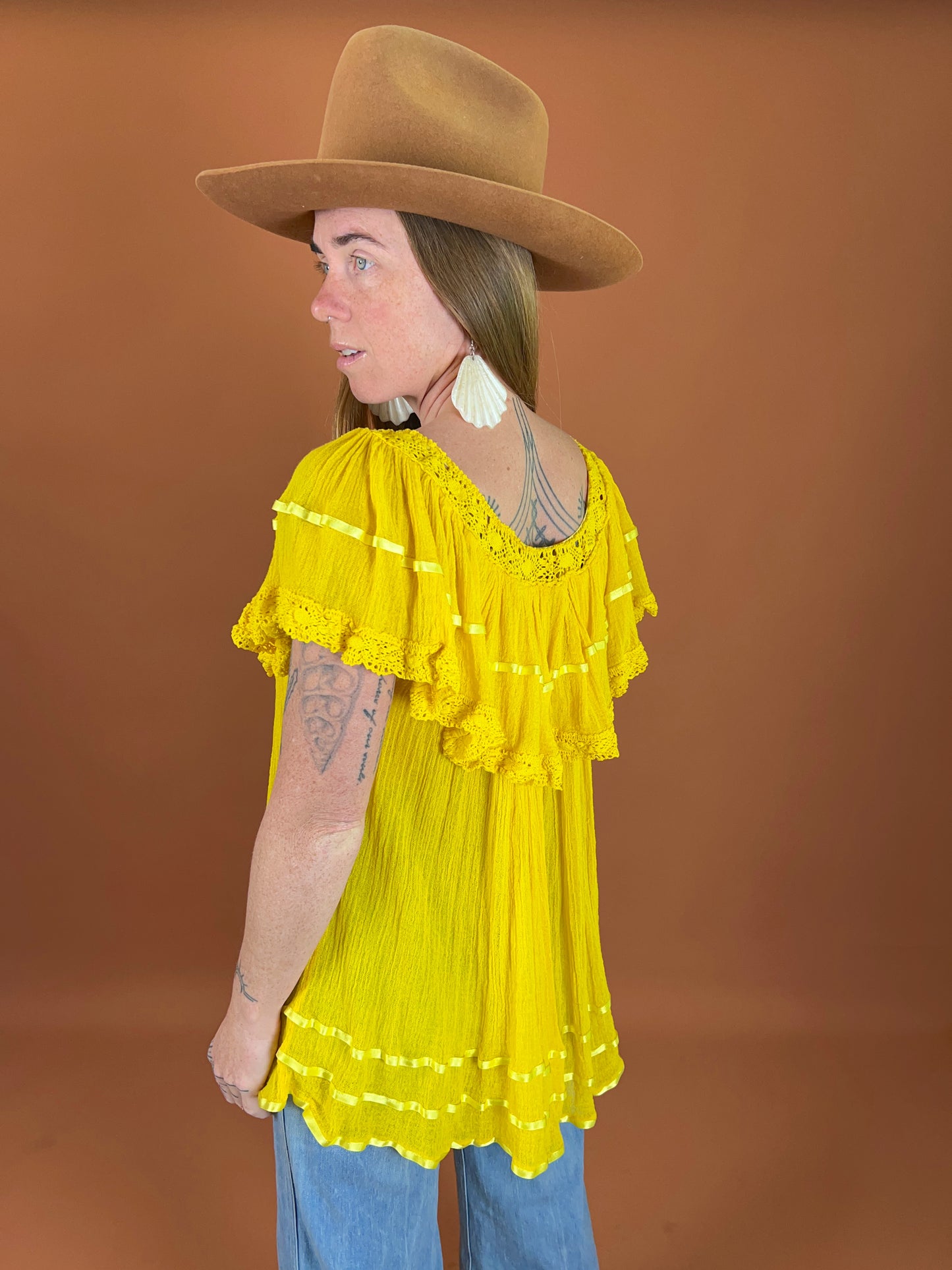 VINTAGE 60's Yellow Cotton Gauze Mexican Blouse OS