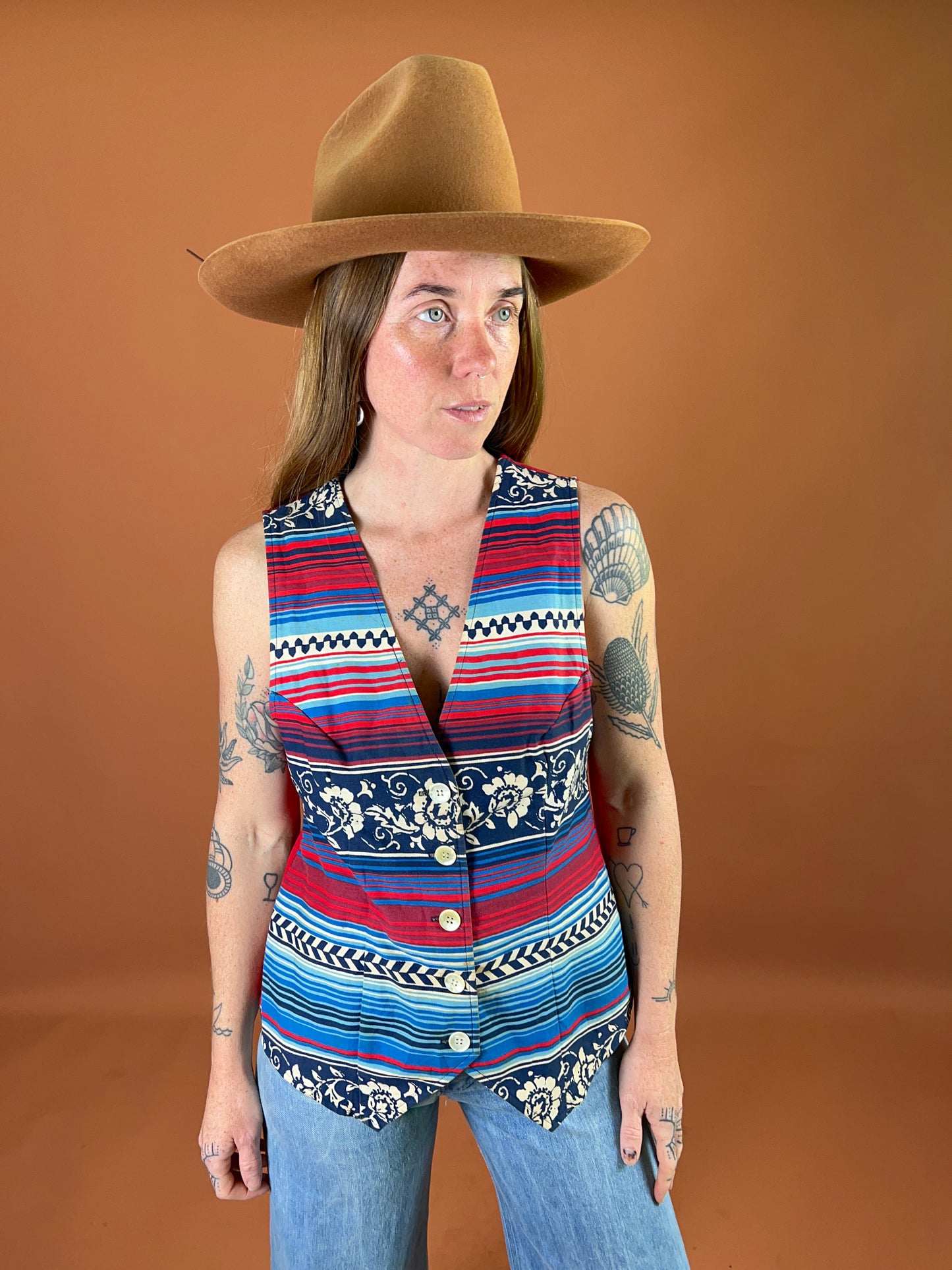 VINTAGE 70's Cotton Stripe & Floral Vest 8-10