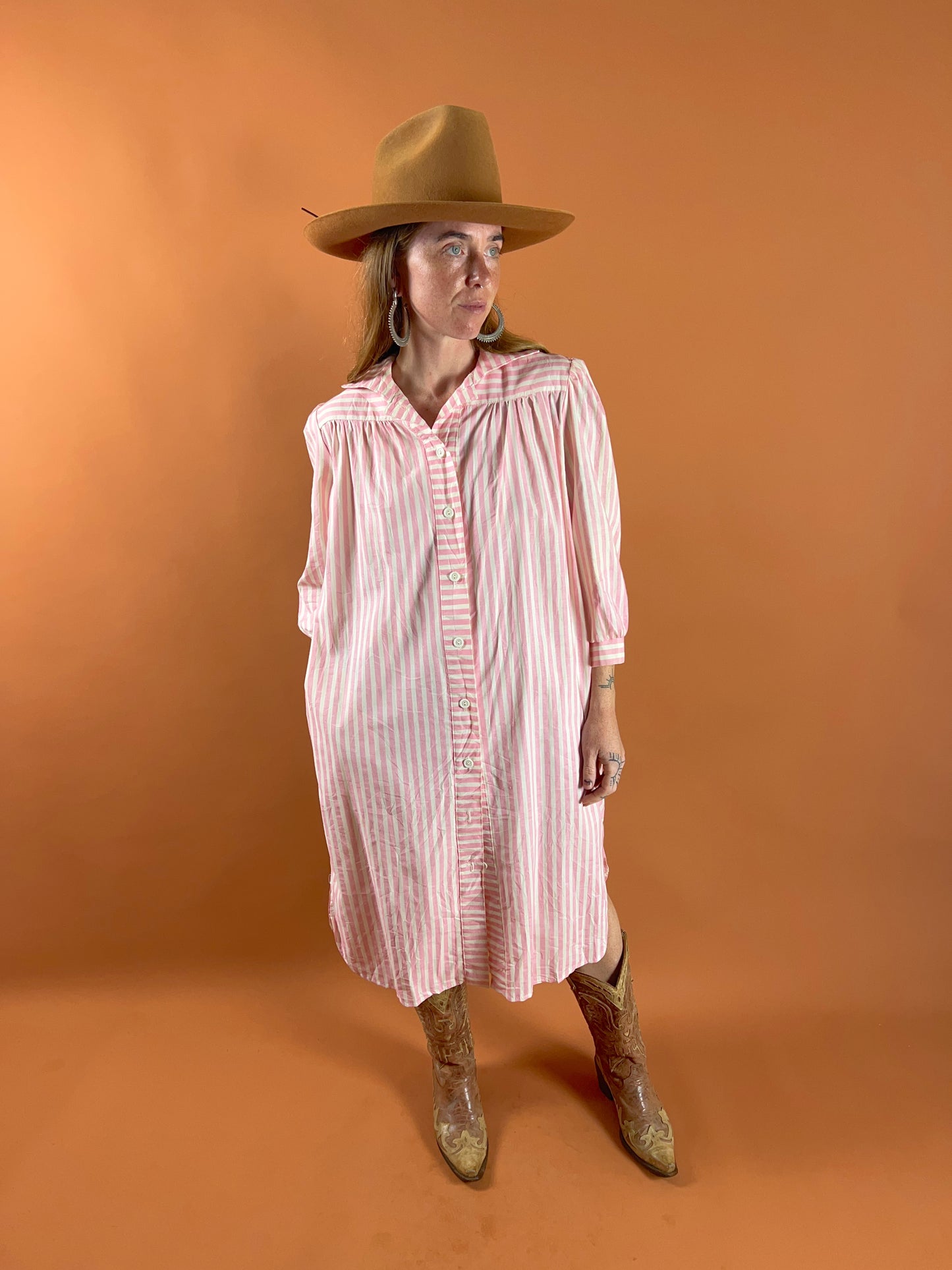 VINTAGE 70's Stripe Cotton Shirt Dress 14