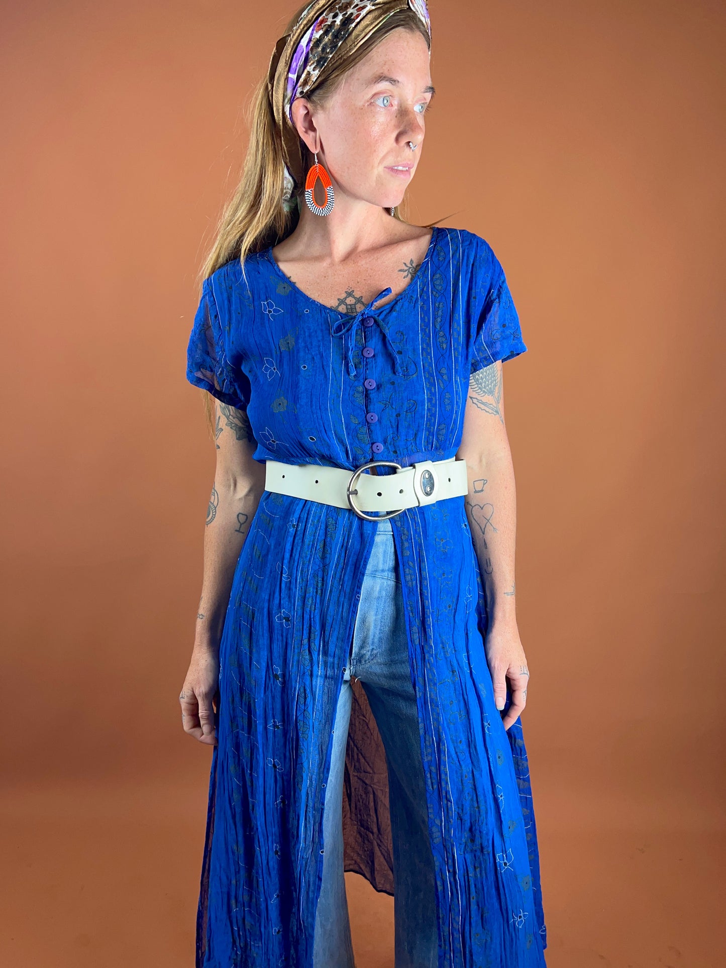 VTG 70's White Leather Big Buckle Belt 6-14