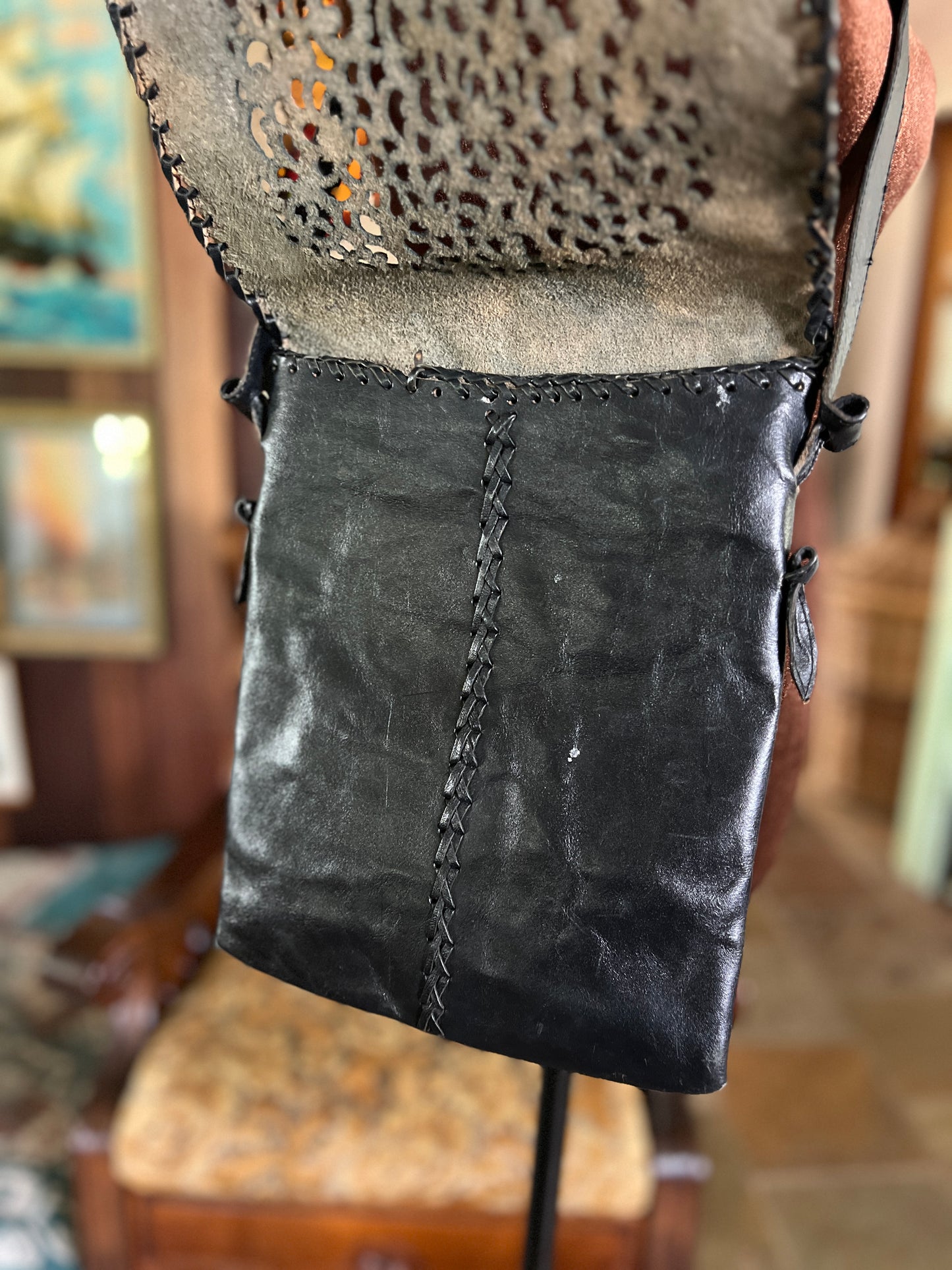VINTAGE 90's Leather Cut Out Black Satchel Bag