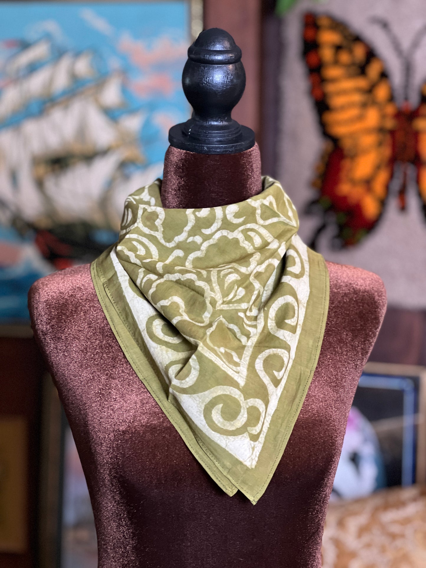 ANJU JEWELLERY Block Printed Bandana - Olive Green Floral and Waves