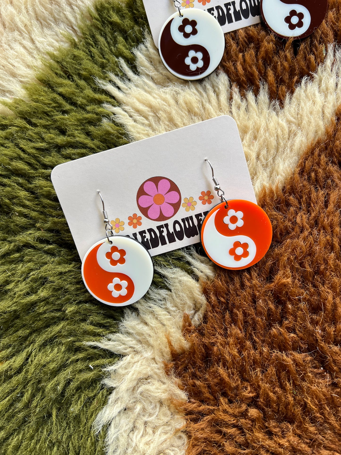 FRIED FLOWERS Retro inspired flower power Yin and Yang earrings: Tangerine/cream