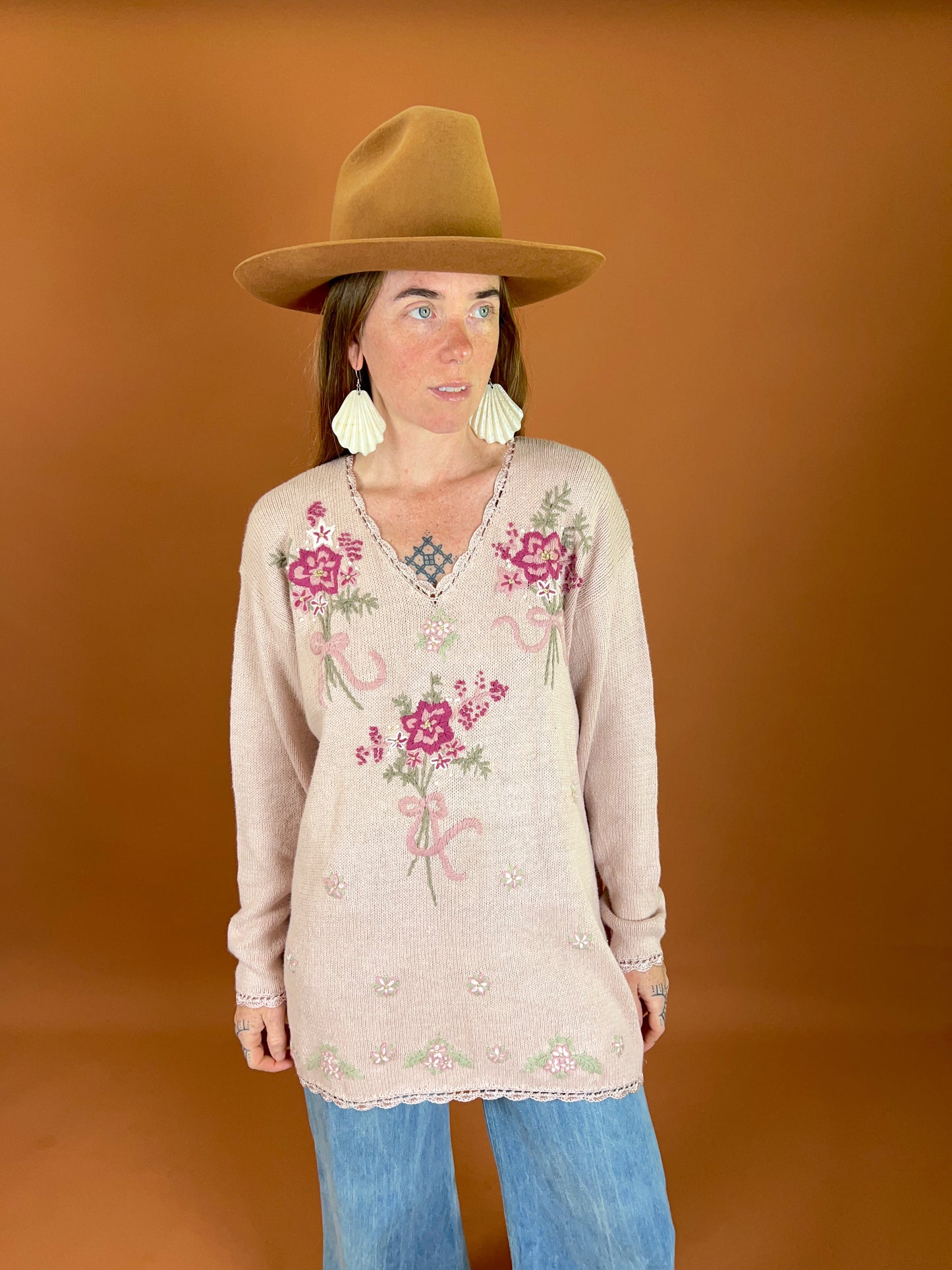 VINTAGE 80's Pastel Pink Cotton Knit Jumper 10-12