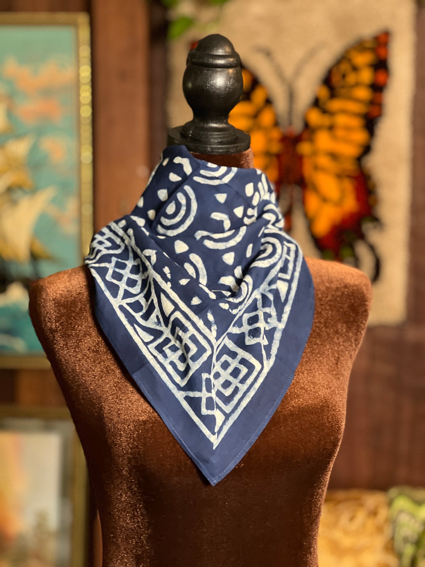 ANJU JEWELLERY Block Printed Bandana - Dark Blue Spirals and Squares