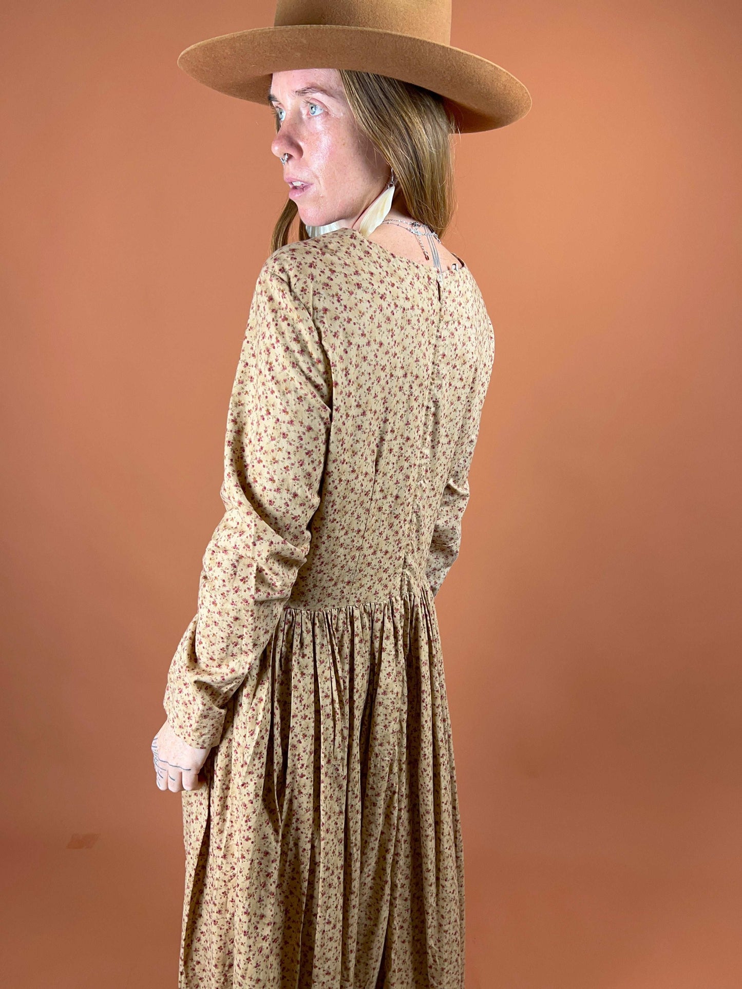 VTG 80's Floral Screen Printed Hand Made Cotton Floral Maxi Dress 14