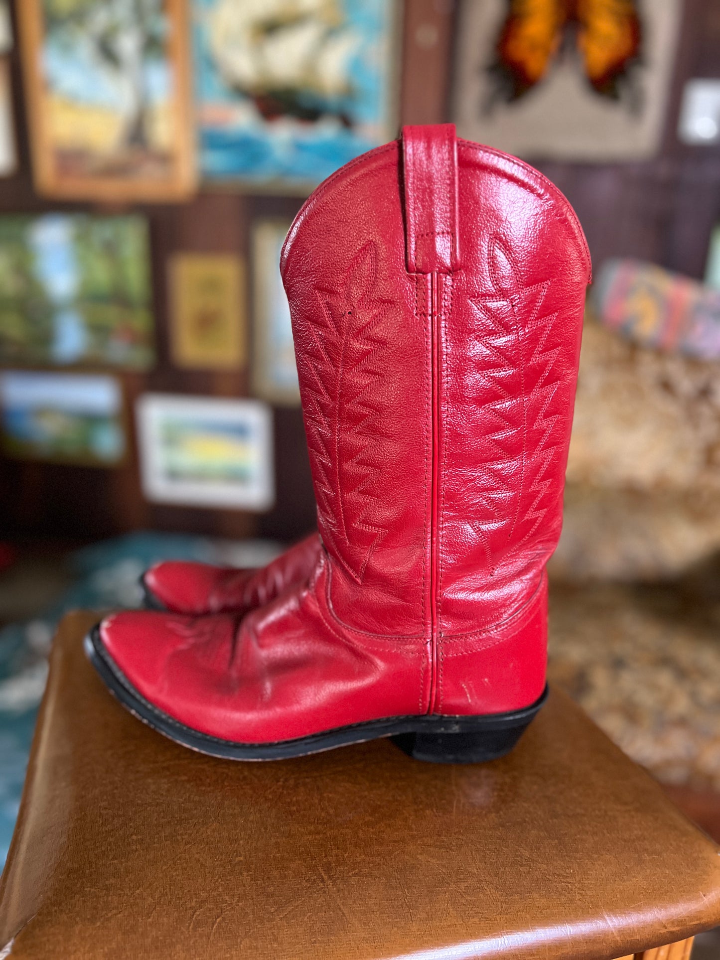 VINTAGE 80's Red Leather Cowboy Boots 9.5-10/40-40.5