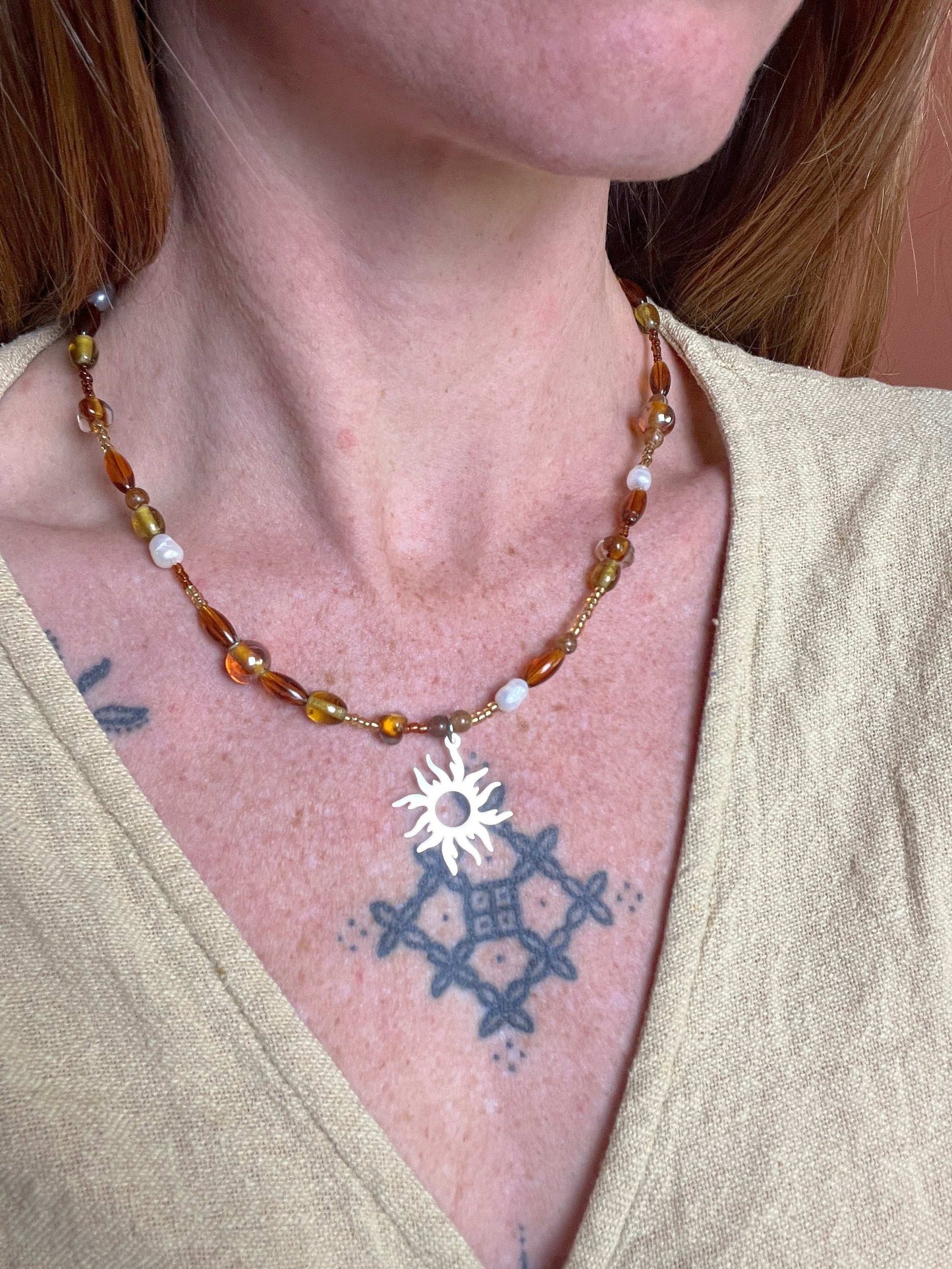 BEADED SUNRAYS Sun Charm, Mix Bead & Fresh Water Pearl Necklace 18 Inch