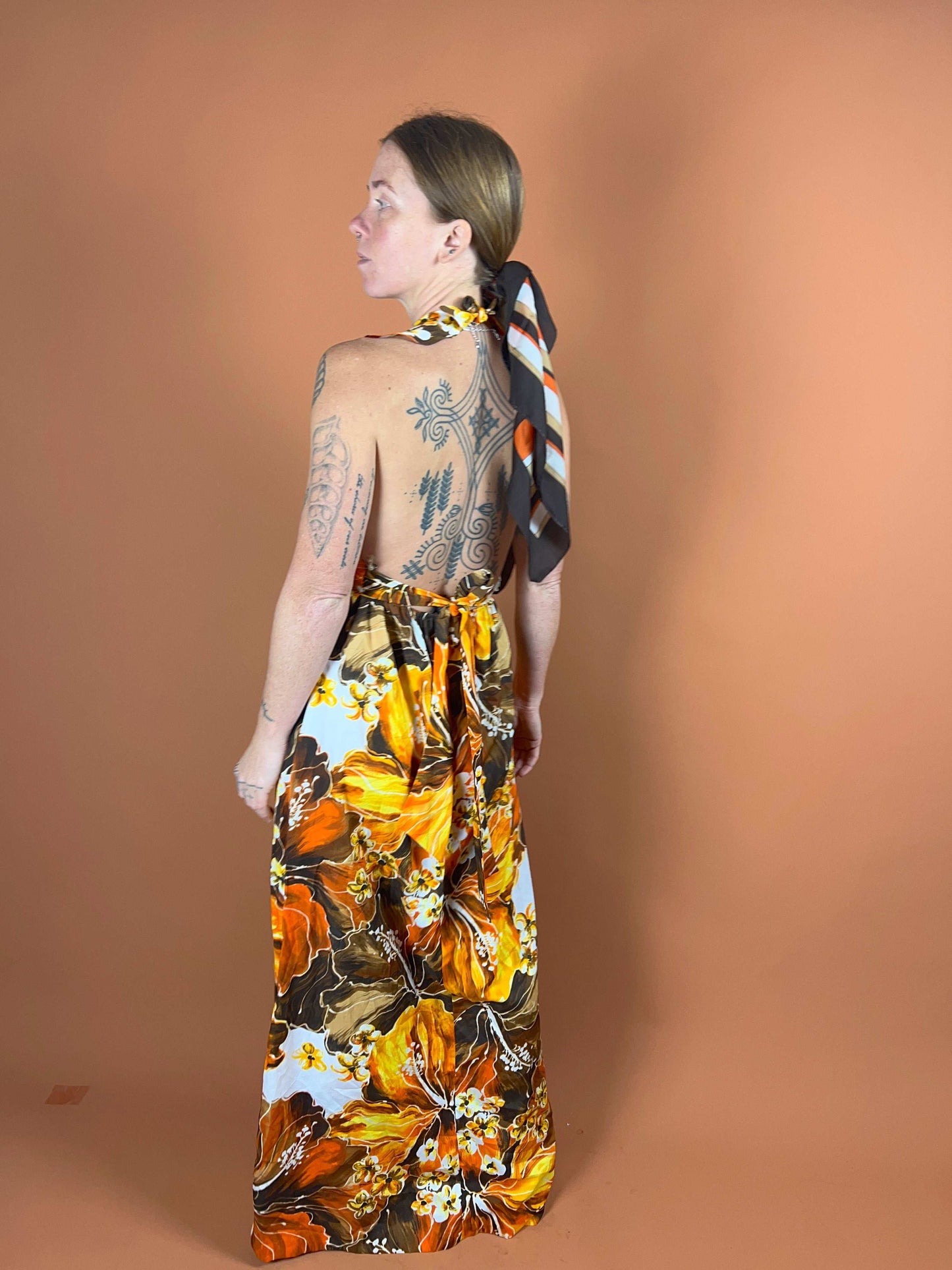 VTG 60's Halter Neck Floral Maxi Dress 10-12