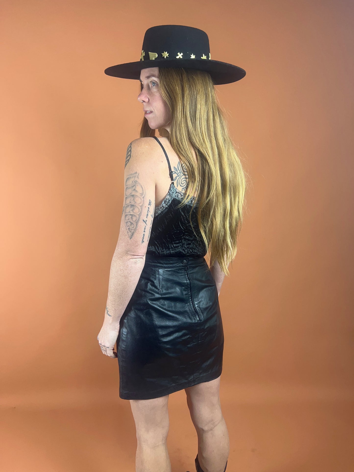 VTG 80's High Waist Black Leather Skirt 8-10