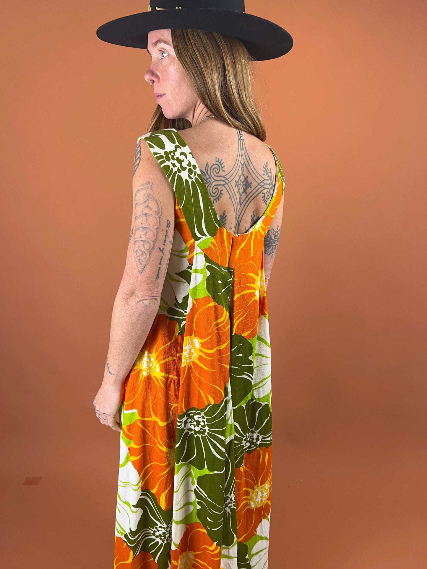 VTG 60’s Cotton Floral Back Pleat Maxi 10-12